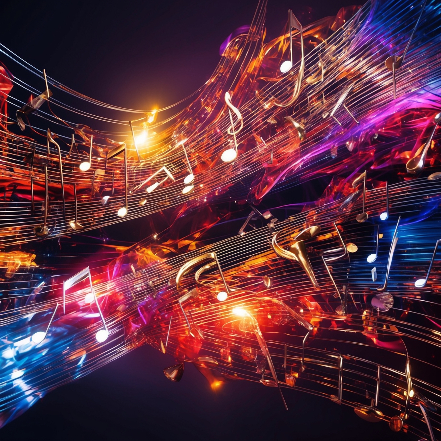 Create an abstract representation of music as a narrative, showcasing vibrant melodies and intricate rhythms. Focus on translating the energy and emotion of an instrumental piece into visual form, highlighting interplay between instruments.