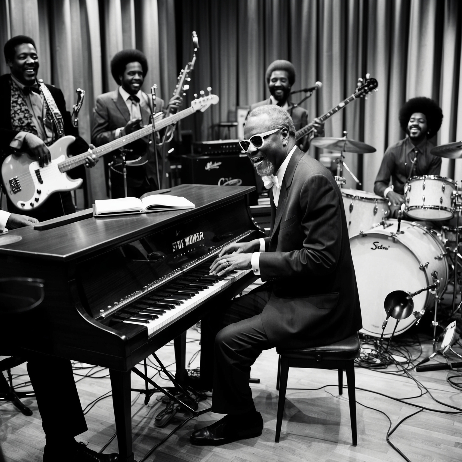 A lively studio session with Stevie Wonder playing a clavinet surrounded by various instruments like electric guitars, bass, drums, and horns, emphasizing a mood of jazz fusion and creativity.