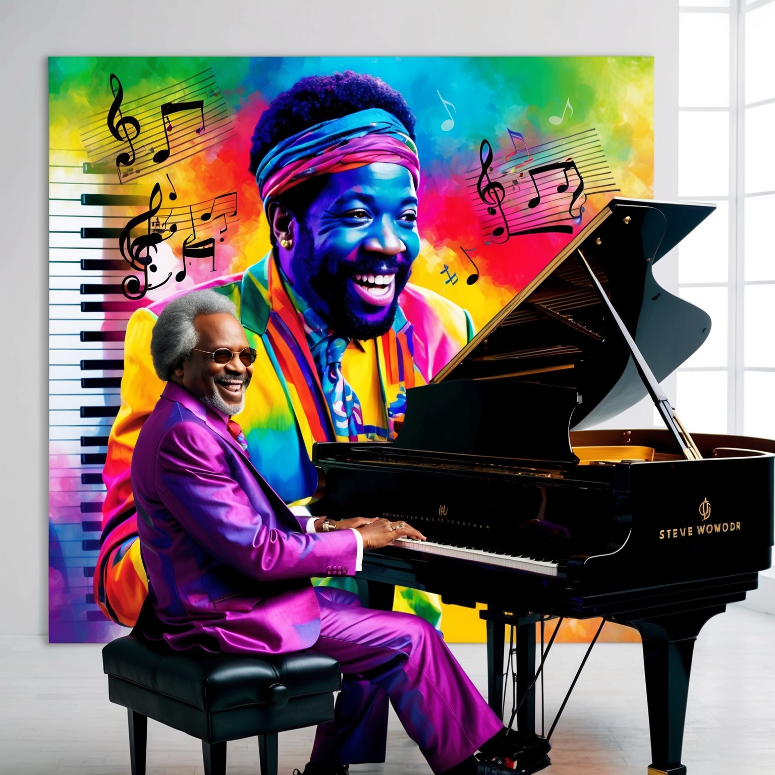 A vibrant, colorful portrait of Stevie Wonder at a grand piano, surrounded by sheet music and musical instruments. Capture a sense of dynamism and creativity, reflecting his genius as a composer. Highlight musical notes and jazz elements to convey his love for music. The scene is set in a bright, inspiring space, symbolizing the universal language of music.