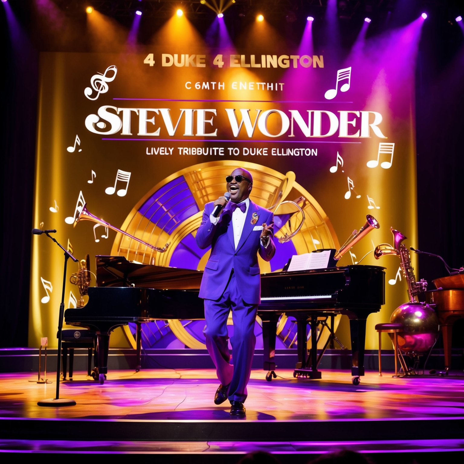 A vibrant image featuring Stevie Wonder performing on stage with a microphone, surrounded by musical notes and instruments like a trumpet and piano. The scene should capture the energetic and celebratory theme of the song, reflecting its lively tribute to Duke Ellington. Bright colors like gold and purple for a jazzy, uplifting atmosphere.