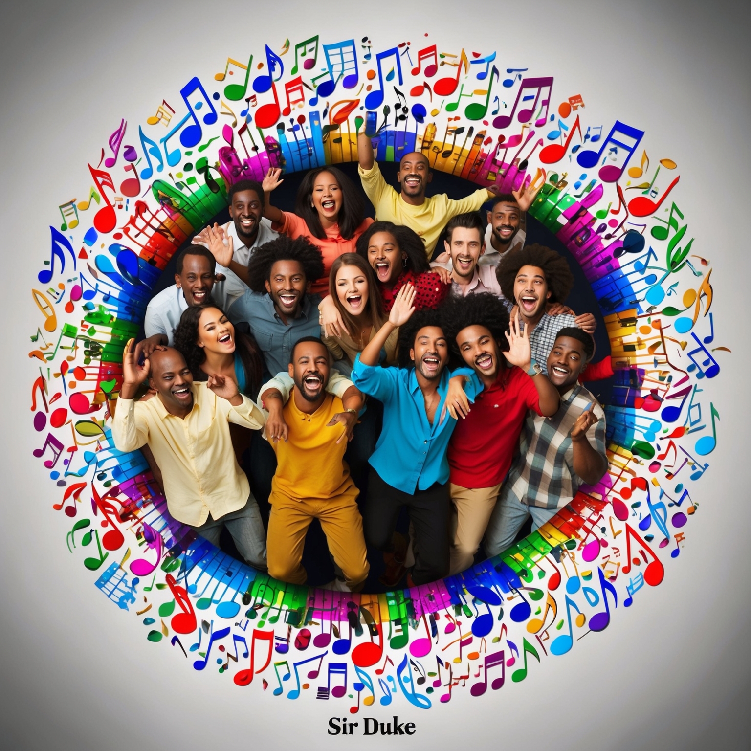 A colorful representation of musical notes and instruments enveloping diverse groups of people in joy and togetherness, capturing the universal language and celebration of music in 