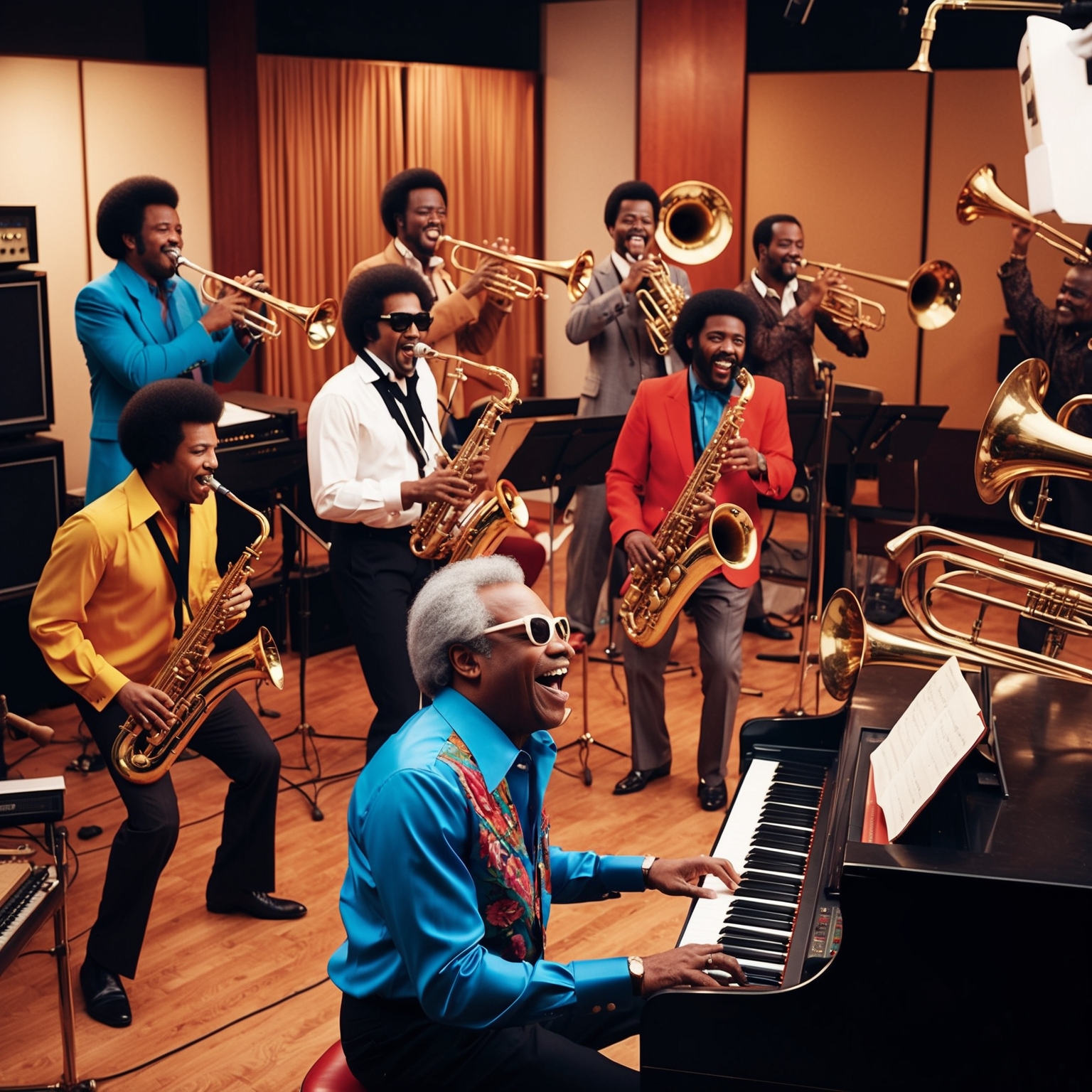 Illustrate a vibrant scene in a recording studio, capturing the essence of 1970s music production. Include Stevie Wonder energetically at a keyboard with a horn section of trumpets, saxophones, and trombones playing. Set the atmosphere with vintage recording equipment and a lively, celebratory vibe reminiscent of a joyful musical tribute.