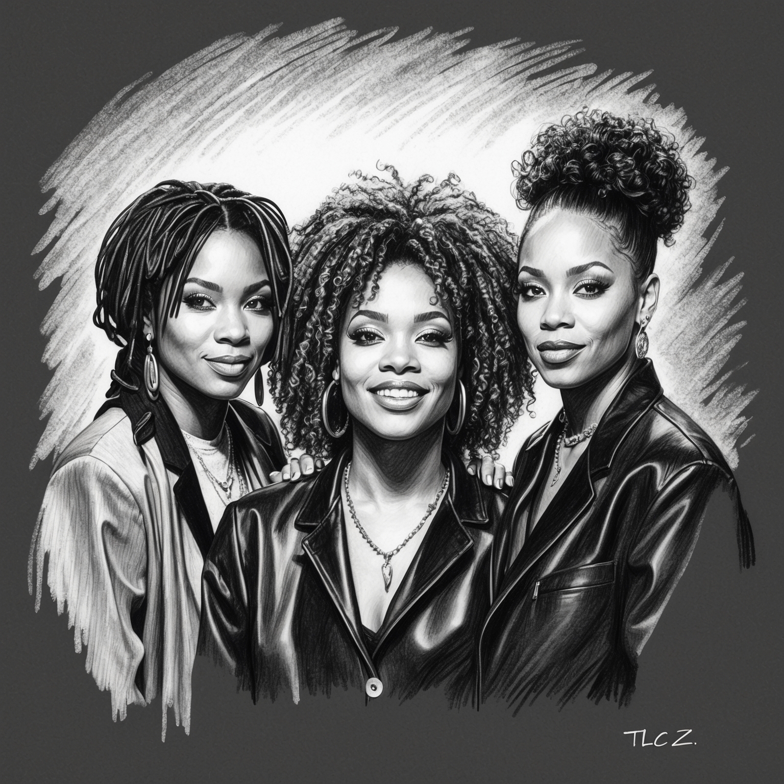 Create a black and white charcoal, stylistic portrait of the iconic girl group TLC. The drawing should feel half-finished, capturing the unique essence of the group with T-Boz, Left Eye, and Chilli, embodying both their individuality and collective spirit within the early 1990s music scene.