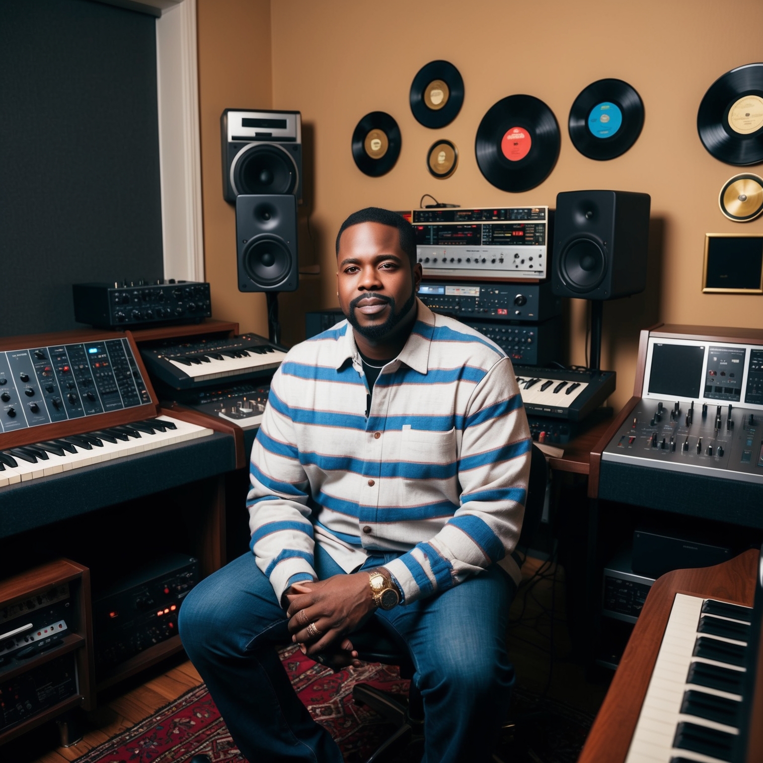 Create an image of Dallas Austin, a prominent music producer, in a recording studio filled with vintage and modern musical equipment. The scene should reflect a 90s urban vibe, with elements like vinyl records, synthesizers, and gold records on the wall, capturing the essence of his influence on R&B and hip hop.