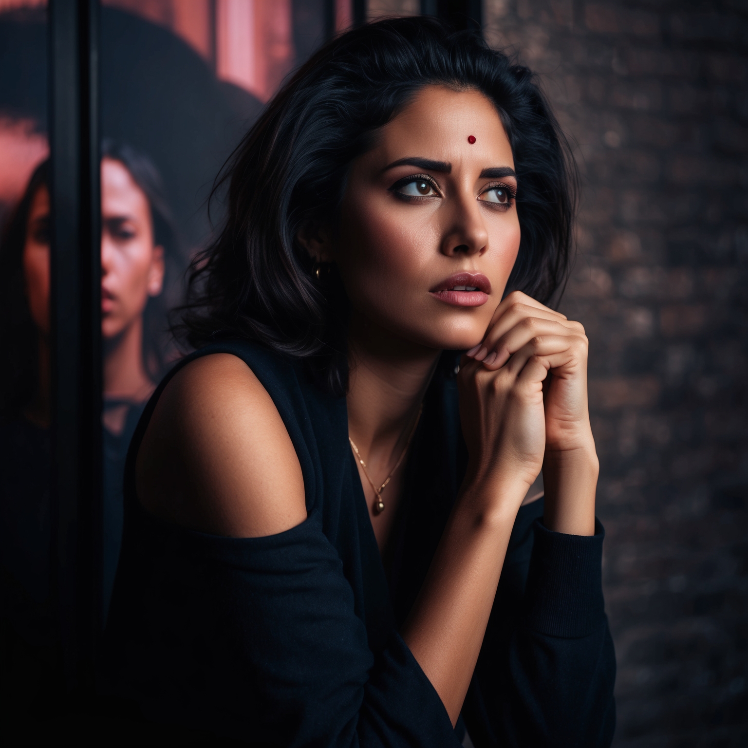 A dramatic representation capturing a woman in deep contemplation, reflecting mixed emotions of love and betrayal, set against a backdrop that subtly hints at 1990s urban vibes. The atmosphere should evoke a sense of secrecy and personal struggle, with lighting emphasizing both shadow and clarity, symbolizing hidden truths and emotional revelations.