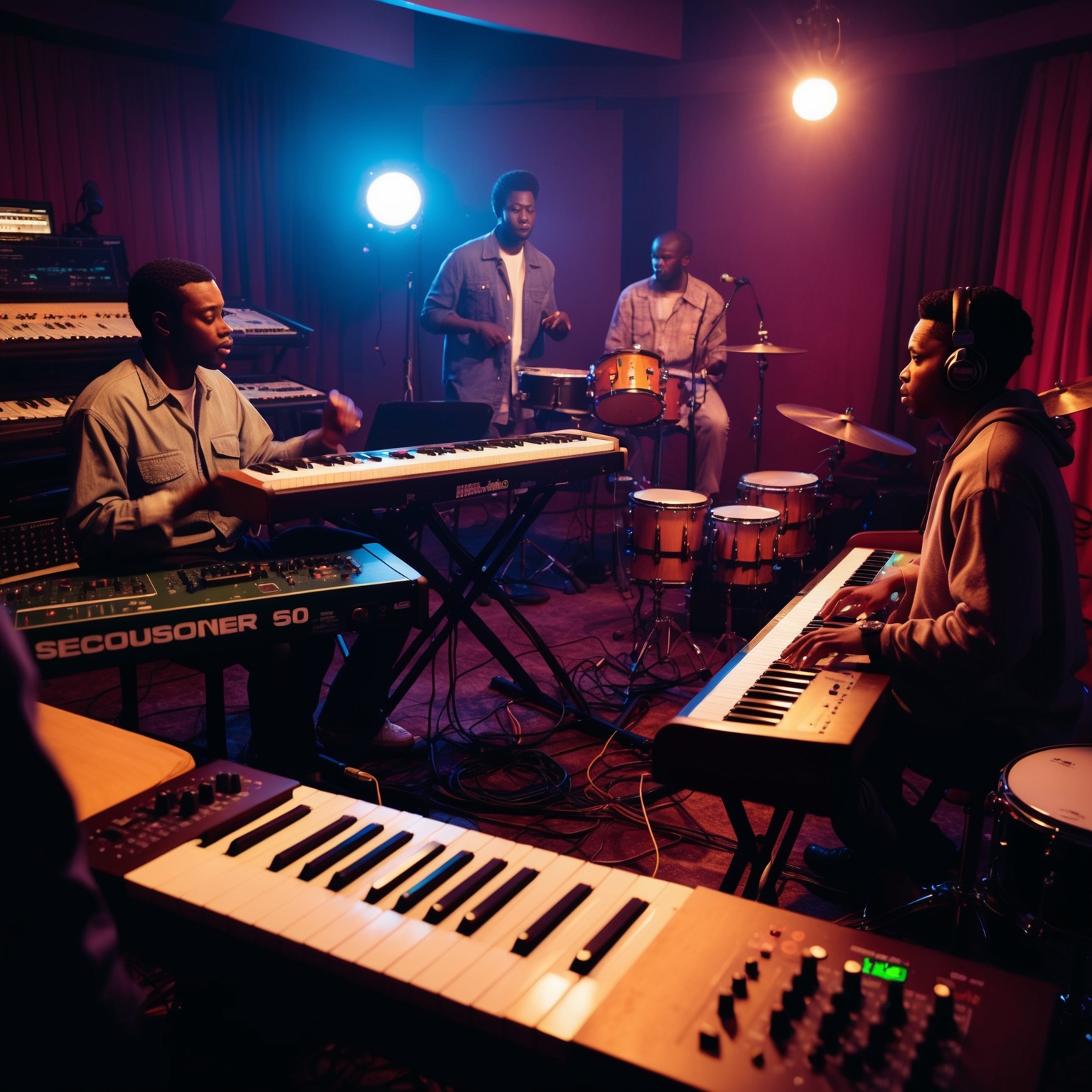 Visualize a 1990s R&B recording studio setting, showcasing musicians with keyboards, sequencers, and percussion instruments. The scene captures the vibe of a laid-back yet innovative music session, featuring dim ambient lighting and a retro vibe, symbolizing the era