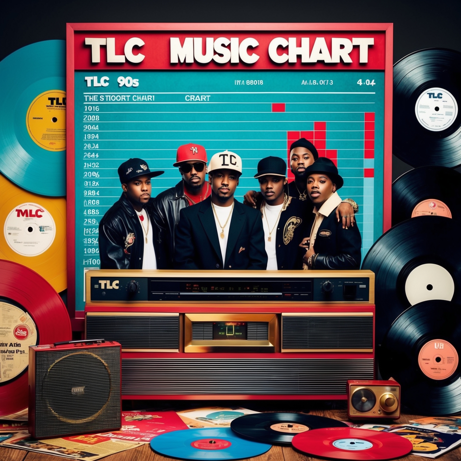 Create an image depicting a vintage 90s music chart, featuring TLC prominently at the top surrounded by iconic elements of 90s music culture, including records and a vibrant color palette. The scene should evoke a retro music era vibe, capturing the essence of their chart success with a nostalgic touch.