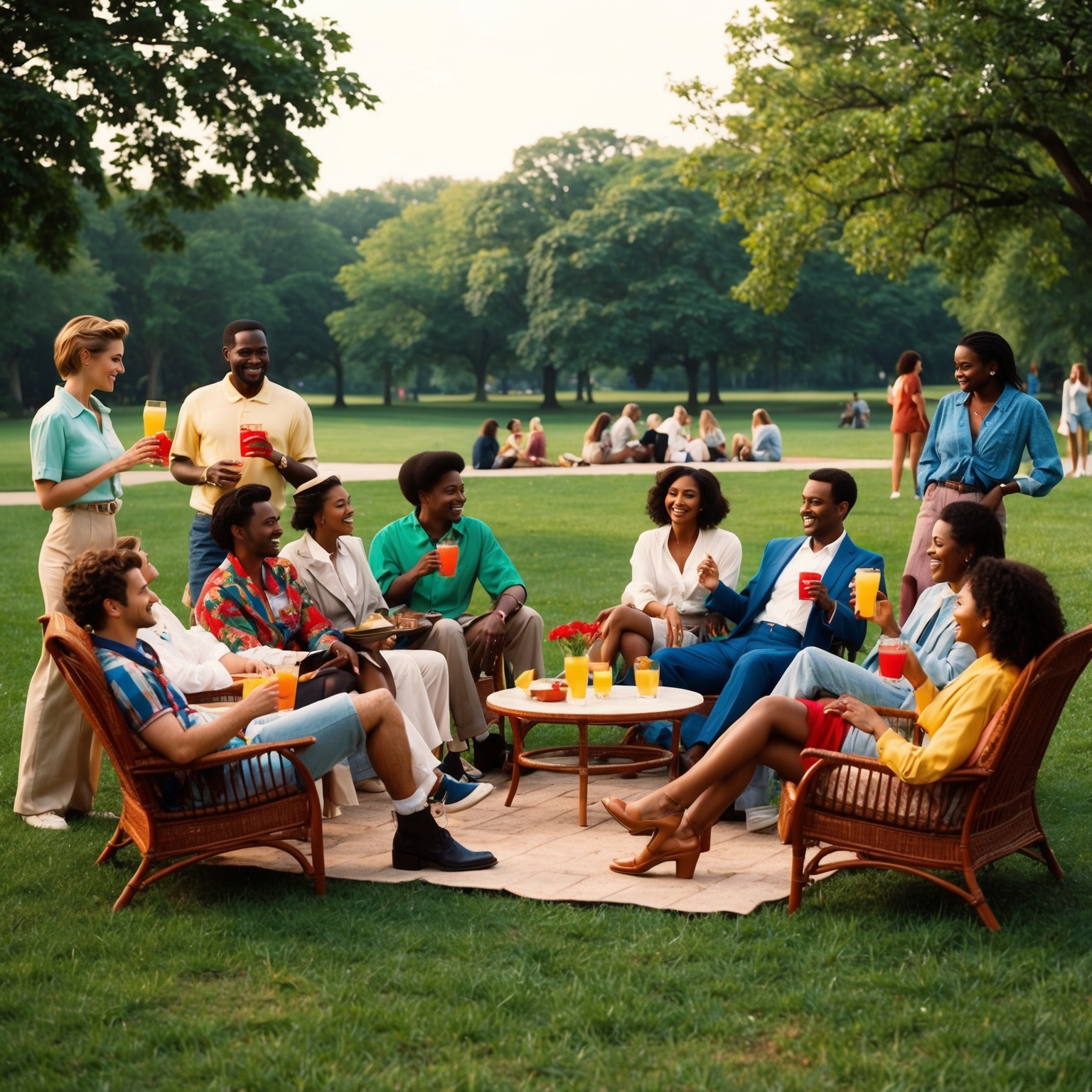 Illustrate a serene park scene during a summer afternoon, showcasing a diverse group of individuals relaxing and enjoying the atmosphere. Capture the essence of 1990s fashion and leisurely activities, such as people holding colorful drinks and engaging in casual conversation. The setting should evoke a sense of warmth and nostalgia, with elements that suggest new friendships or romantic connections forming in this tranquil environment.