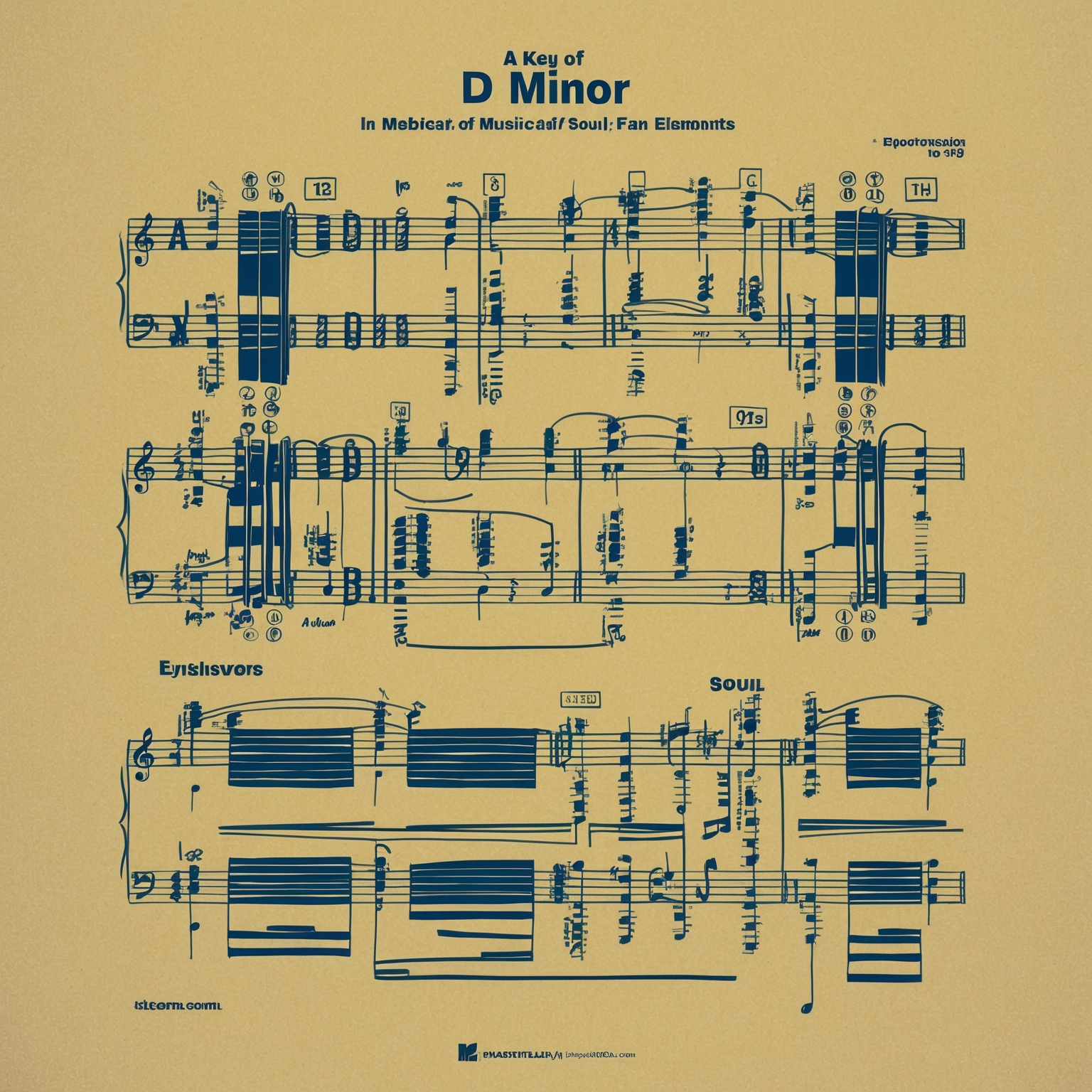 A detailed visual representation of a musical composition in the key of D minor, featuring elements like chord progressions, a moderate tempo flow, and soulful harmonies. Include the blend of electronic and acoustic instruments, synthesizers, light percussion, and signature guitar and bass elements, capturing the essence of the mid-90s R&B sound that TLC epitomizes.