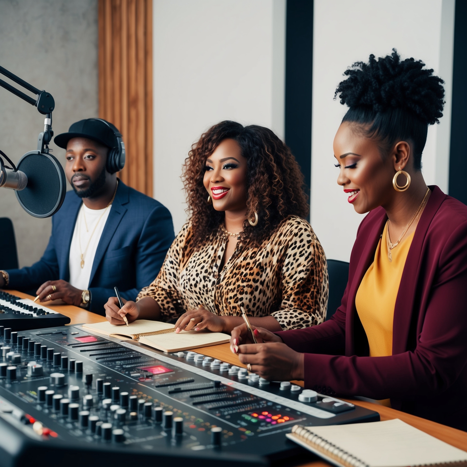 A depiction of three diverse music composers working together in a modern recording studio. Include a mix of traditional and digital instruments, reflecting an R&B and pop influence. Show Kevin Briggs with headphones at the mixing board, Kandi Burruss writing lyrics on a notepad, and Tameka Cottle discussing ideas, all in a collaborative creative process.