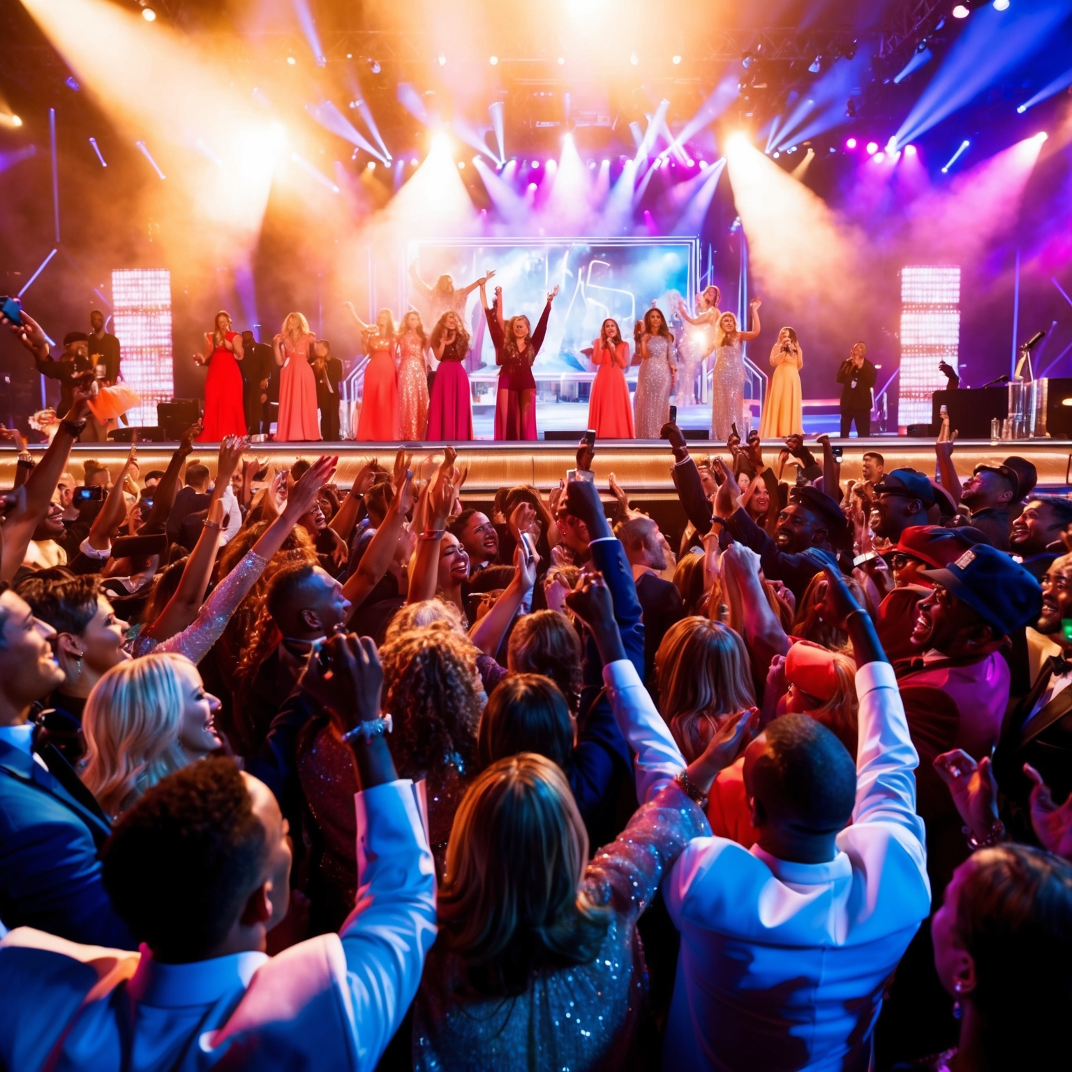 Generate an image that captures a vibrant and energetic scene from a music awards show, highlighting the excitement and celebration associated with winning or being nominated for significant awards. Include visual elements like spotlights, a cheering crowd, and a central stage. The mood should be lively and jubilant, reflecting the essence of recognition and achievement in the music industry.