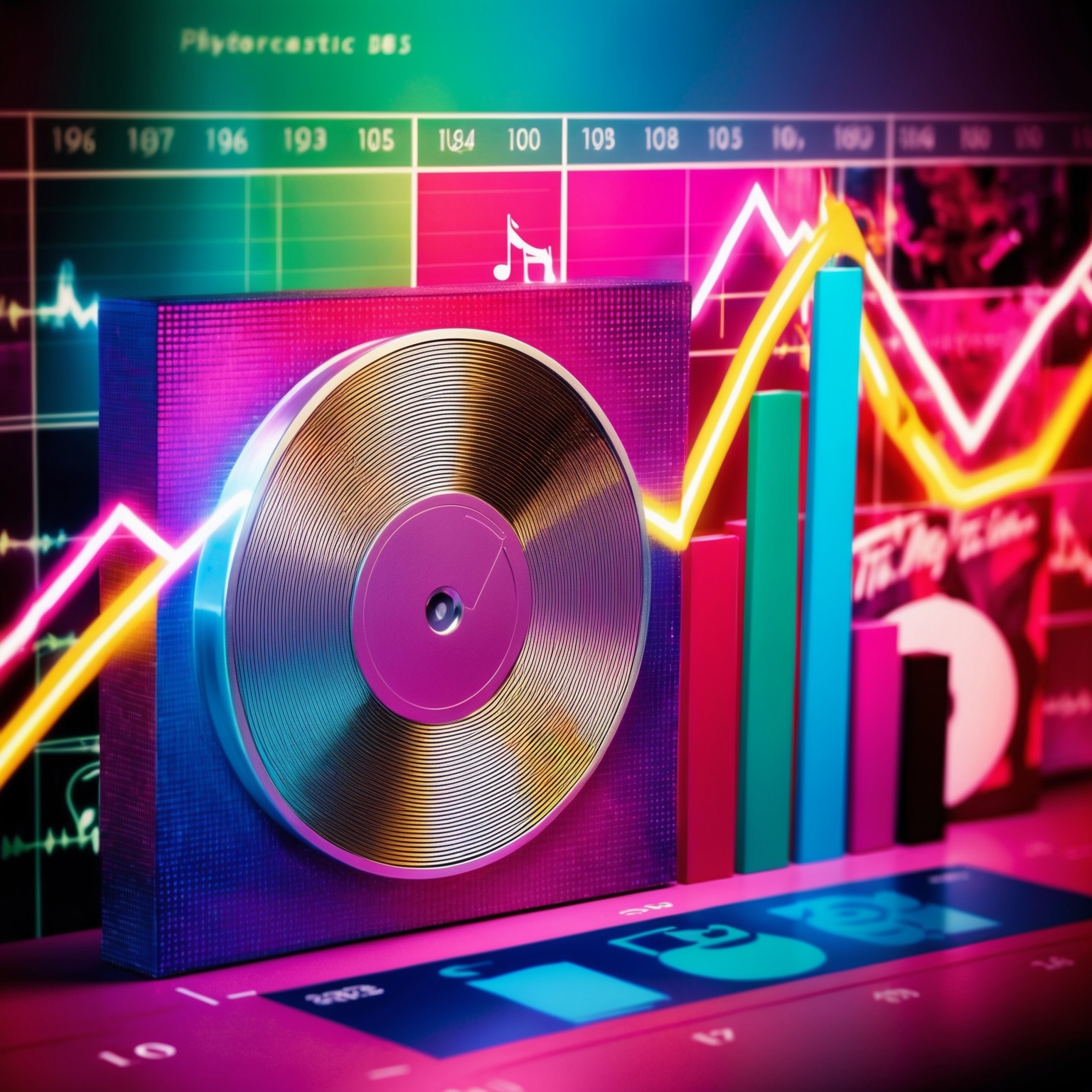 A vibrant image of a chart-topping pop song, depicting graph lines reaching a peak symbolic of number one position. The background might show a timeline from the late 90s, with vibrant colors and artistic representations of music notes and album covers.