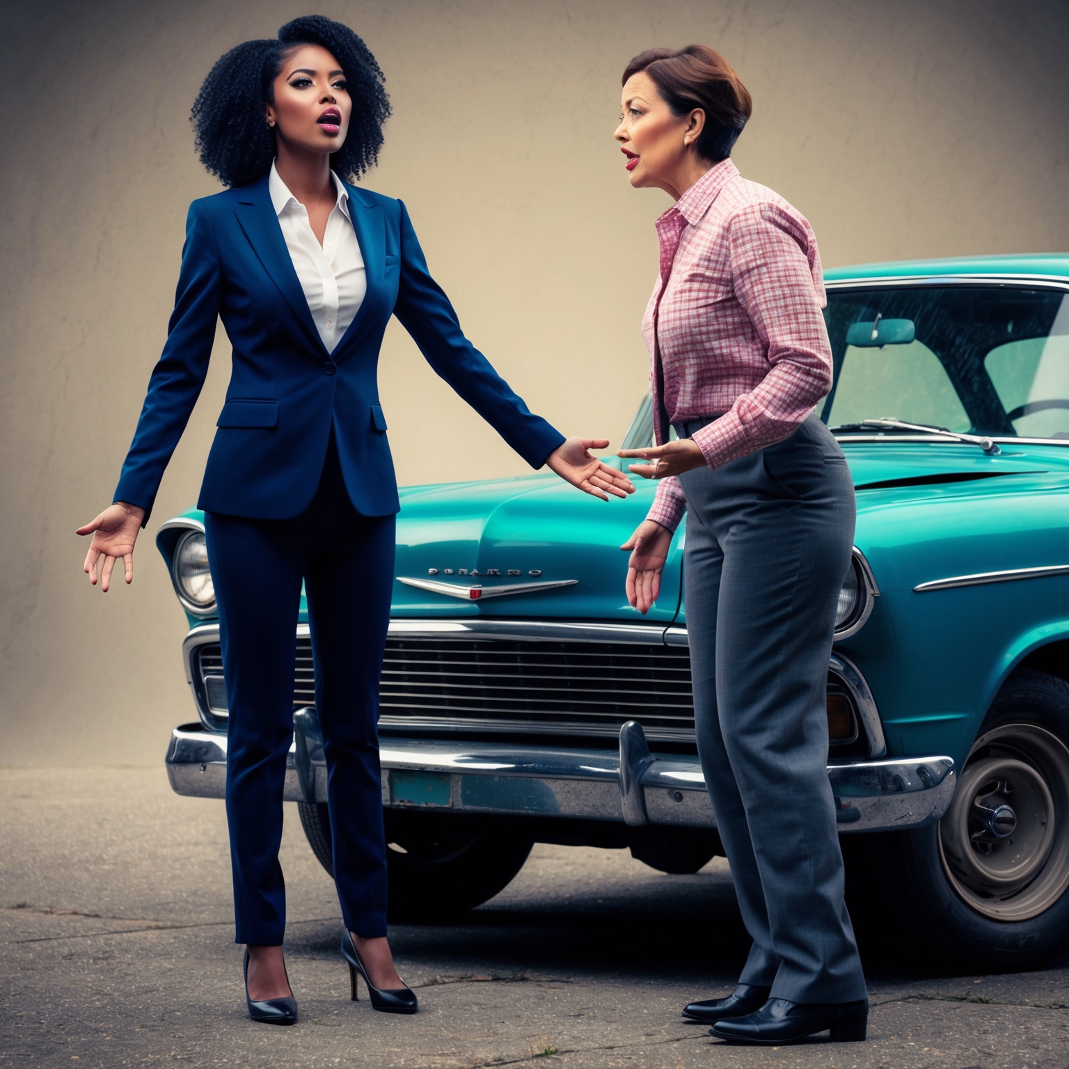 An illustration of a confident woman, rejecting advances from a poorly dressed man standing next to an old car, representing the 