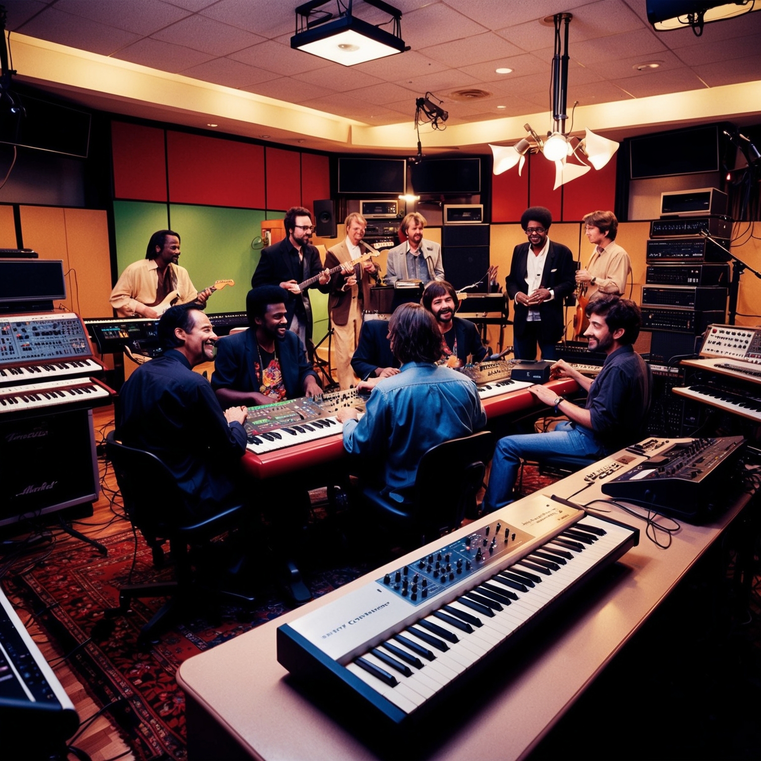 Create an image depicting a vibrant recording studio from the late 1990s, capturing the essence of a lively session with artists and producers working collaboratively, surrounded by musical instruments like keyboards, synthesizers, and guitars, set against a backdrop of modern recording equipment and a laid-back, energetic atmosphere.