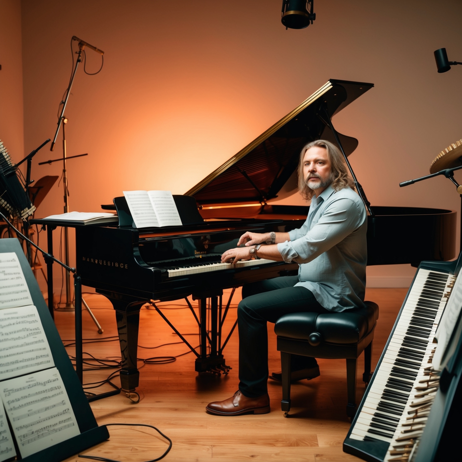 A studio setting with Marqueze Etheridge at a piano, surrounded by music sheets, alongside Organized Noize, capturing a moment of creative collaboration. Use warm tones to convey a sense of musical inspiration and collaboration.