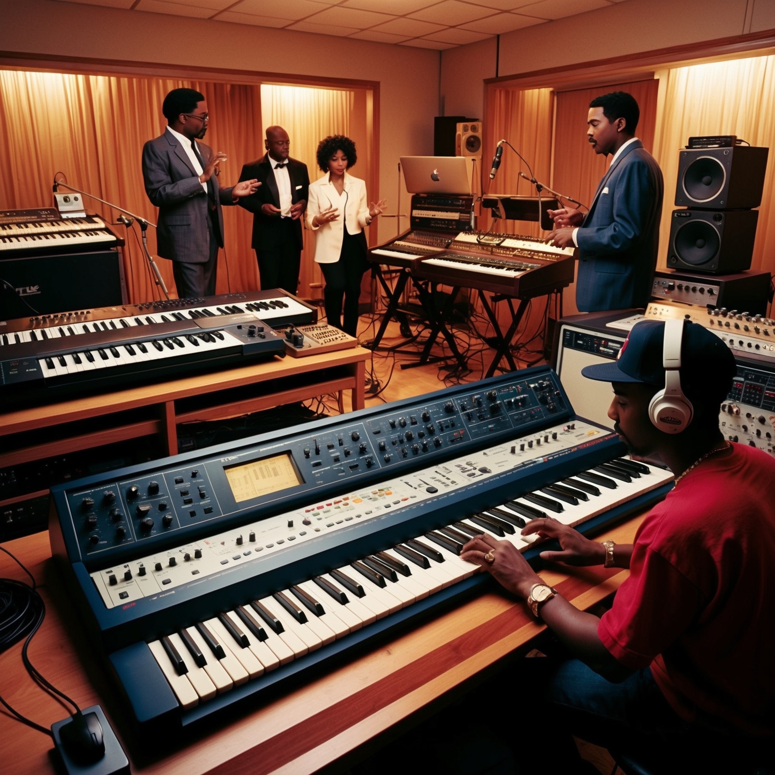 A detailed image of a vintage recording studio setting in the mid-90s, featuring keyboards, drum machines, and synthesizers. Include musicians and producers in action, capturing the essence of the famous R&B group TLC