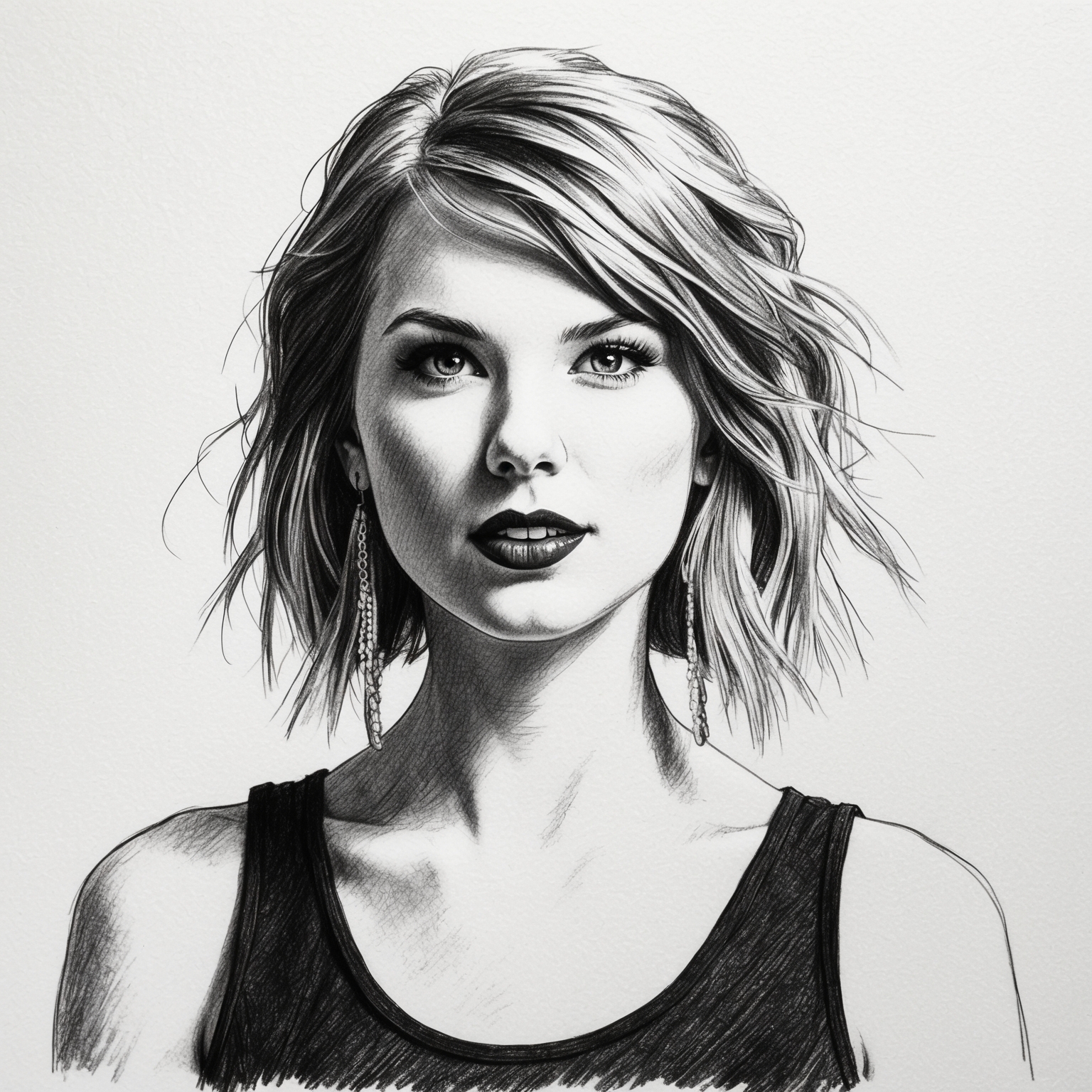 A black and white charcoal portrait of Taylor Swift, showcasing a half-finished feel, capturing her essence as an evolving music icon.