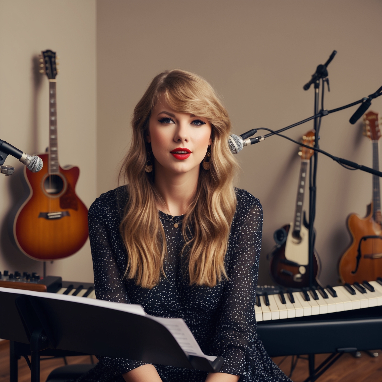 A creative portrayal of Taylor Swift in a studio setting, surrounded by musical instruments, showcasing her as both a composer and performer, with a focus on her dual role in crafting the song 