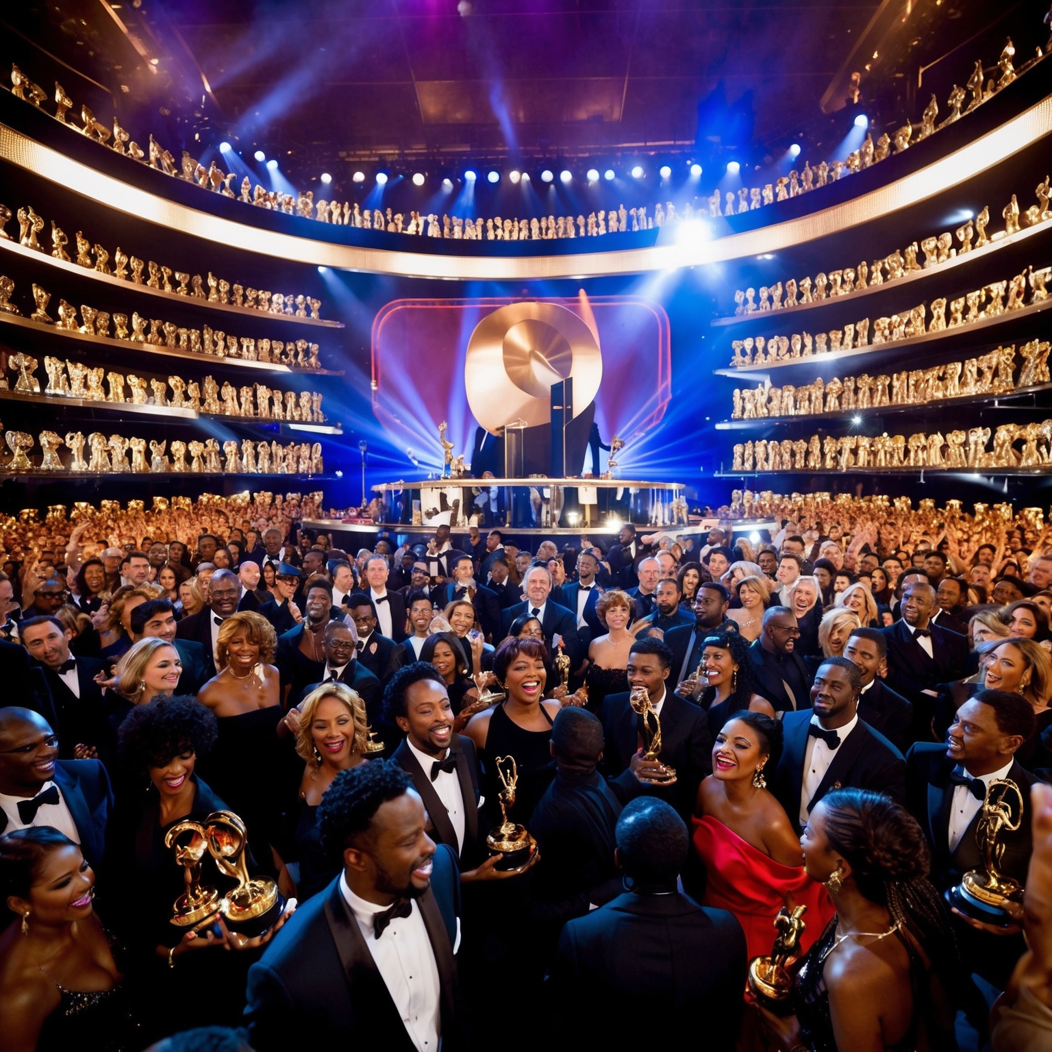 A dynamic and vibrant scene depicting a prestigious music award ceremony, with golden statuettes on display, surrounded by a lively crowd of elegantly dressed celebrities. Capture the ambiance of excitement and recognition, symbolizing the accolades for an iconic song.