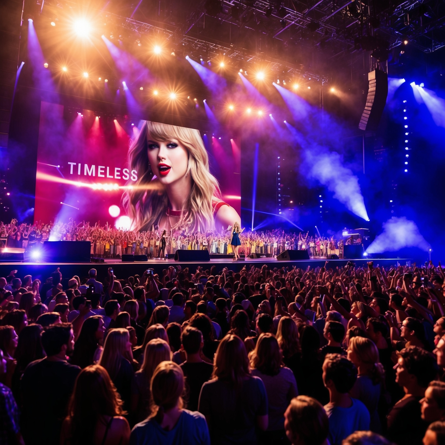 Create an image capturing the vibrant energy of a Taylor Swift concert, with a large crowd, bright stage lights, and a dynamic atmosphere, symbolizing the successful impact of her song 