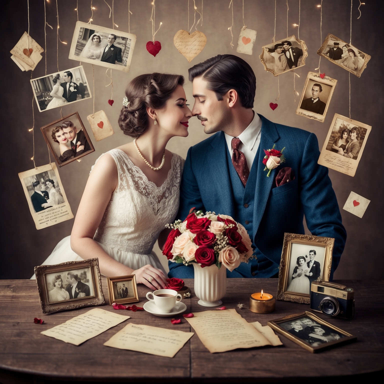 A vintage-inspired romantic scene featuring a couple in different eras, from 1930s to present day, surrounded by nostalgic elements like old photos and letters, illustrating the concept of timeless love across decades.