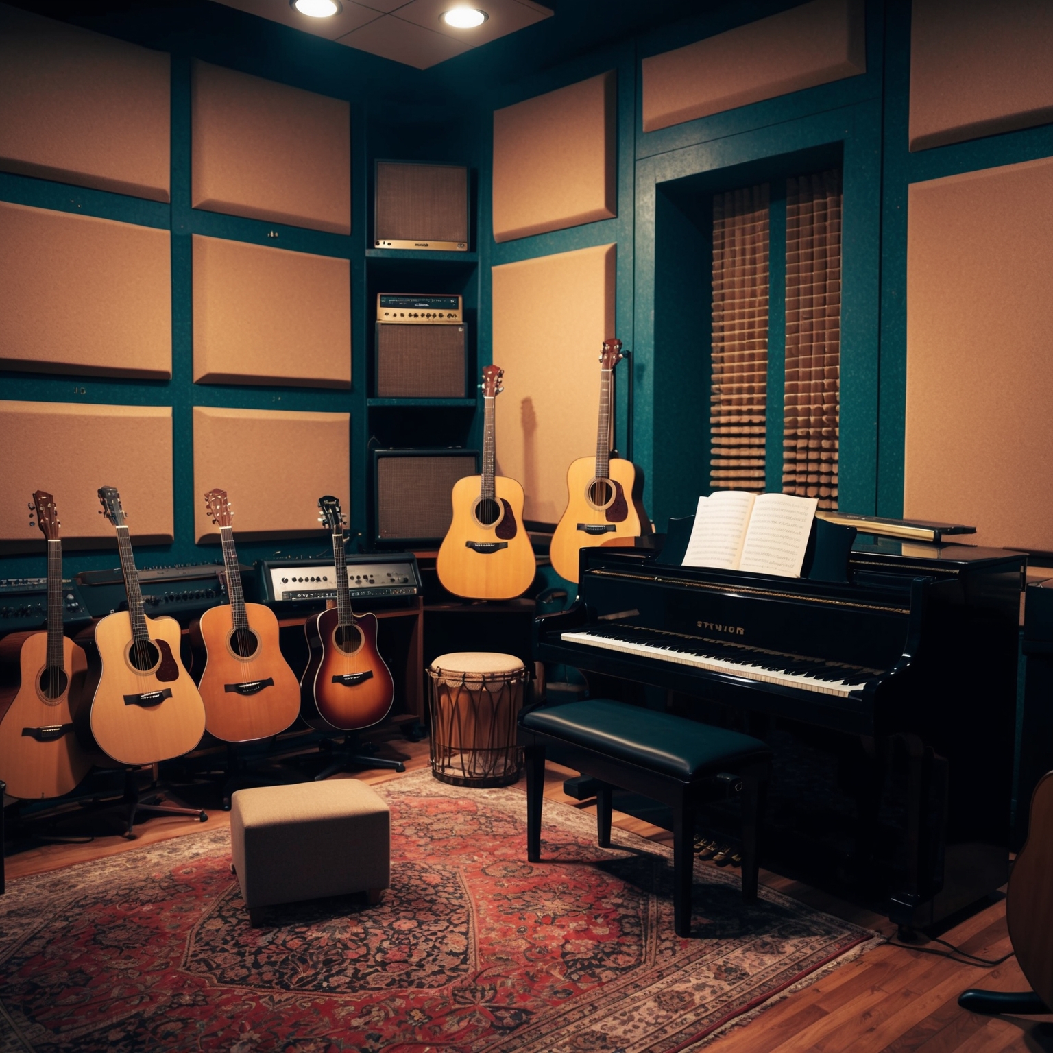 Illustrate a vintage recording studio ambiance within its soundproofed walls. Capture an essence of warmth and nostalgia, filled with an assortment of acoustic guitars, piano, and soft percussion instruments. Highlight a dreamy, emotive scene that complements Taylor Swift