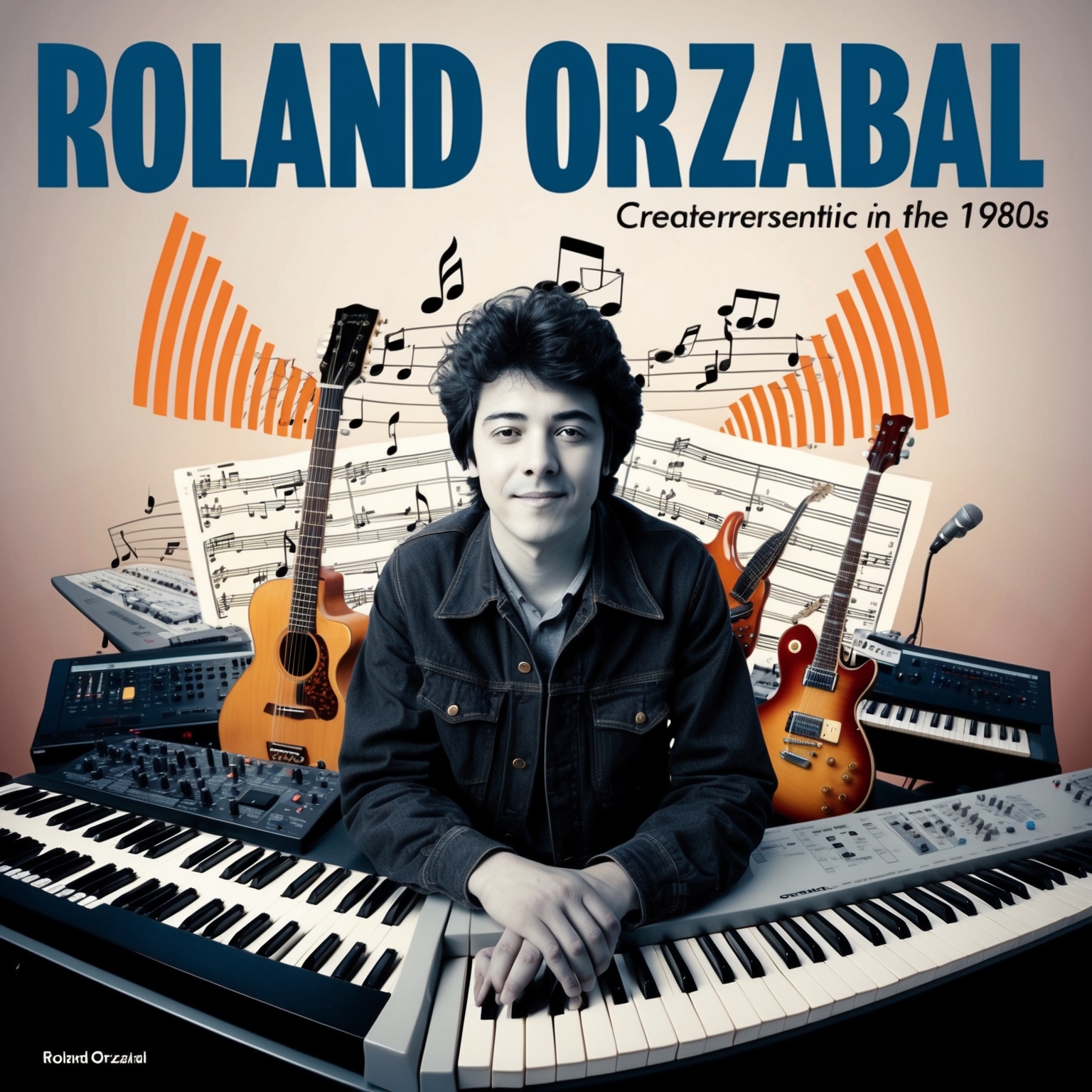 A creative representation of Roland Orzabal, showcasing a young musician from the 1980s, surrounded by musical instruments like a synthesizer and a guitar, with abstract elements of sheet music and sound waves symbolizing his musical genius.