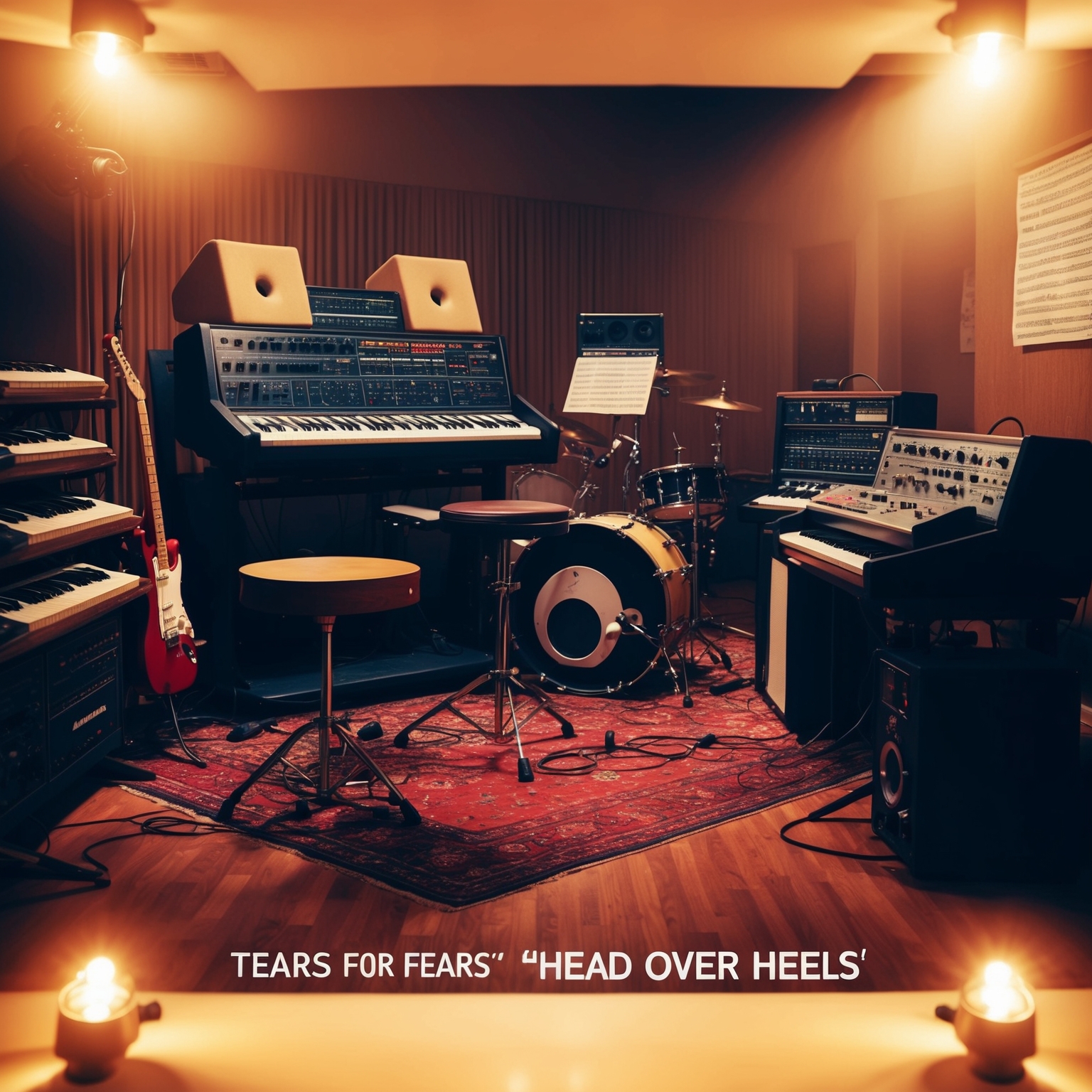 Create an image depicting a classic 1980s recording studio with synthesizers, electric guitars, and drum machines. The scene captures the essence of Tears For Fears