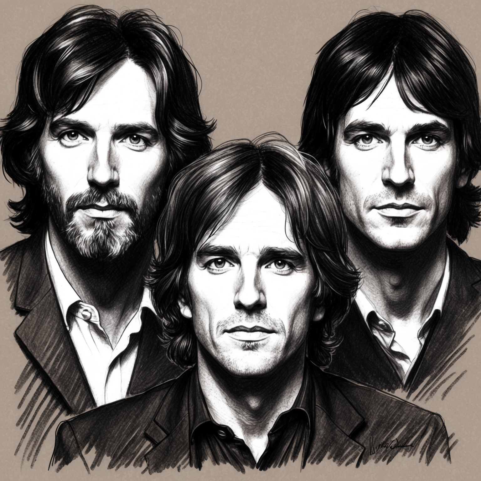 A charcoal, stylistic drawing of The Doors, featuring a half-finished, black and white charcoal portrait of the band members: Jim Morrison, Ray Manzarek, Robby Krieger, and John Densmore, with an emphasis on a raw and artistic representation.