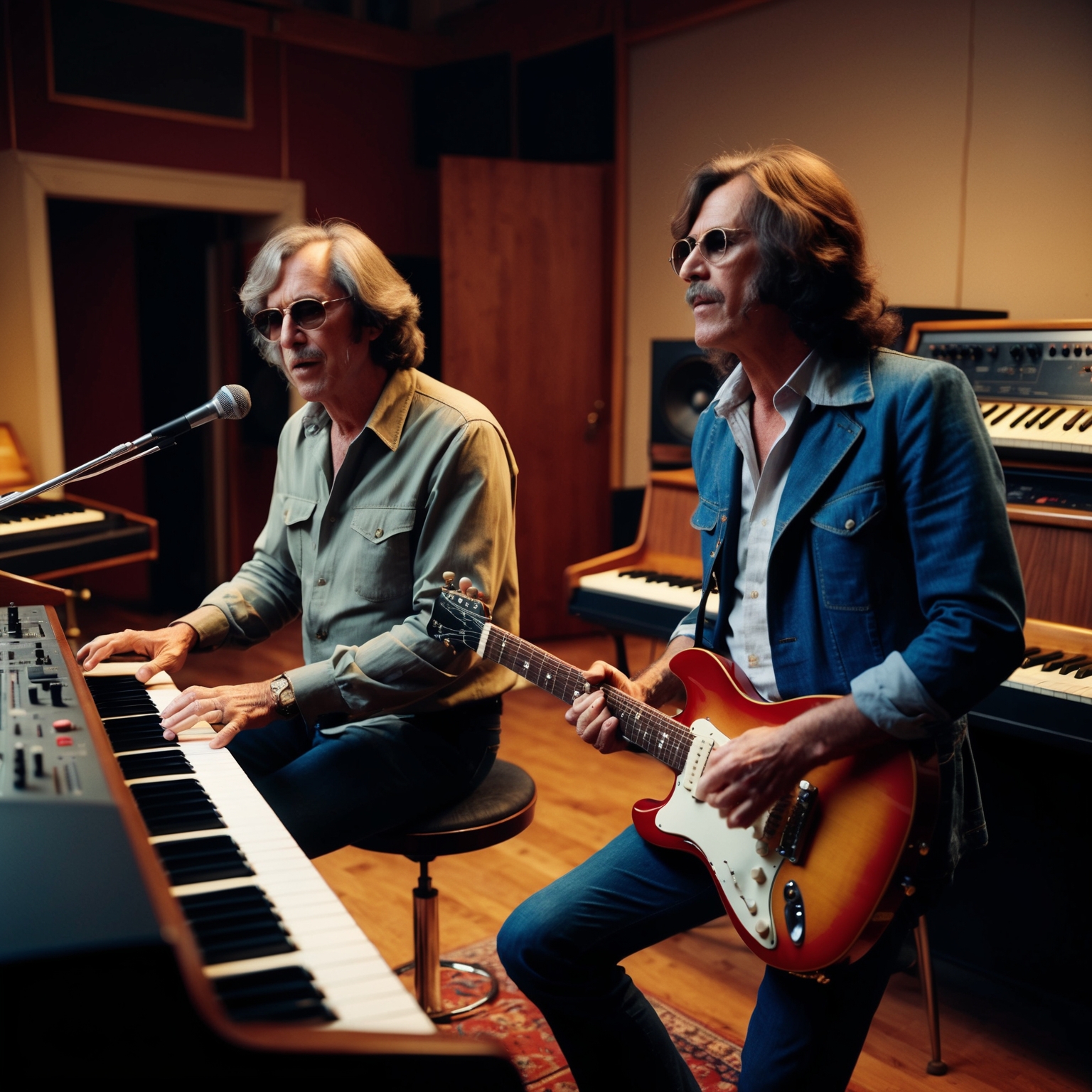 A vintage recording studio with members of The Doors collaborating; Ray Manzarek playing keyboards, and Robby Krieger on guitar. The ambiance reflects the 1970s Los Angeles music scene, capturing their innovative and collaborative spirit with focus on musical elements like keyboards and guitars.