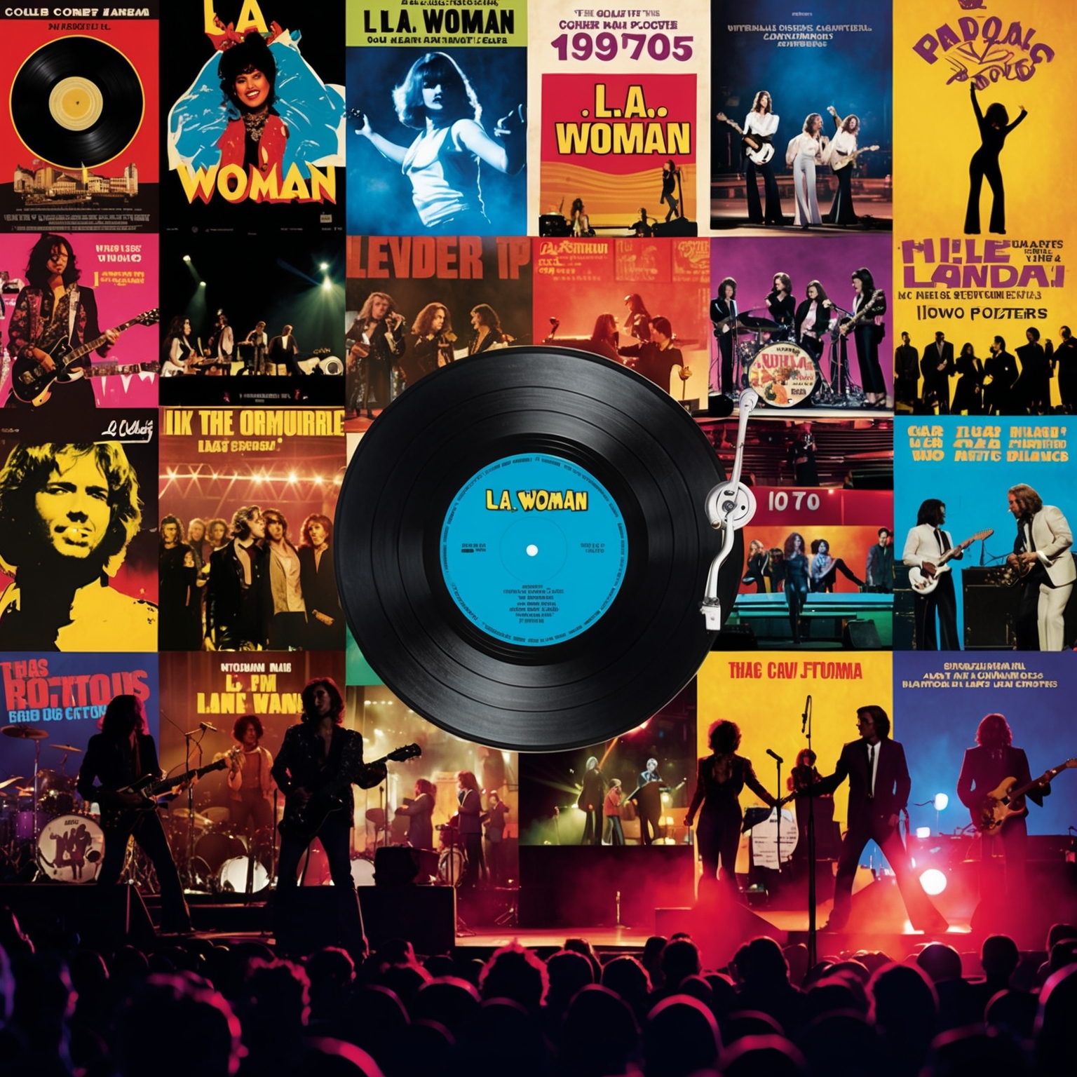 A vibrant collage featuring vintage rock concert posters, a vinyl record spinning with 