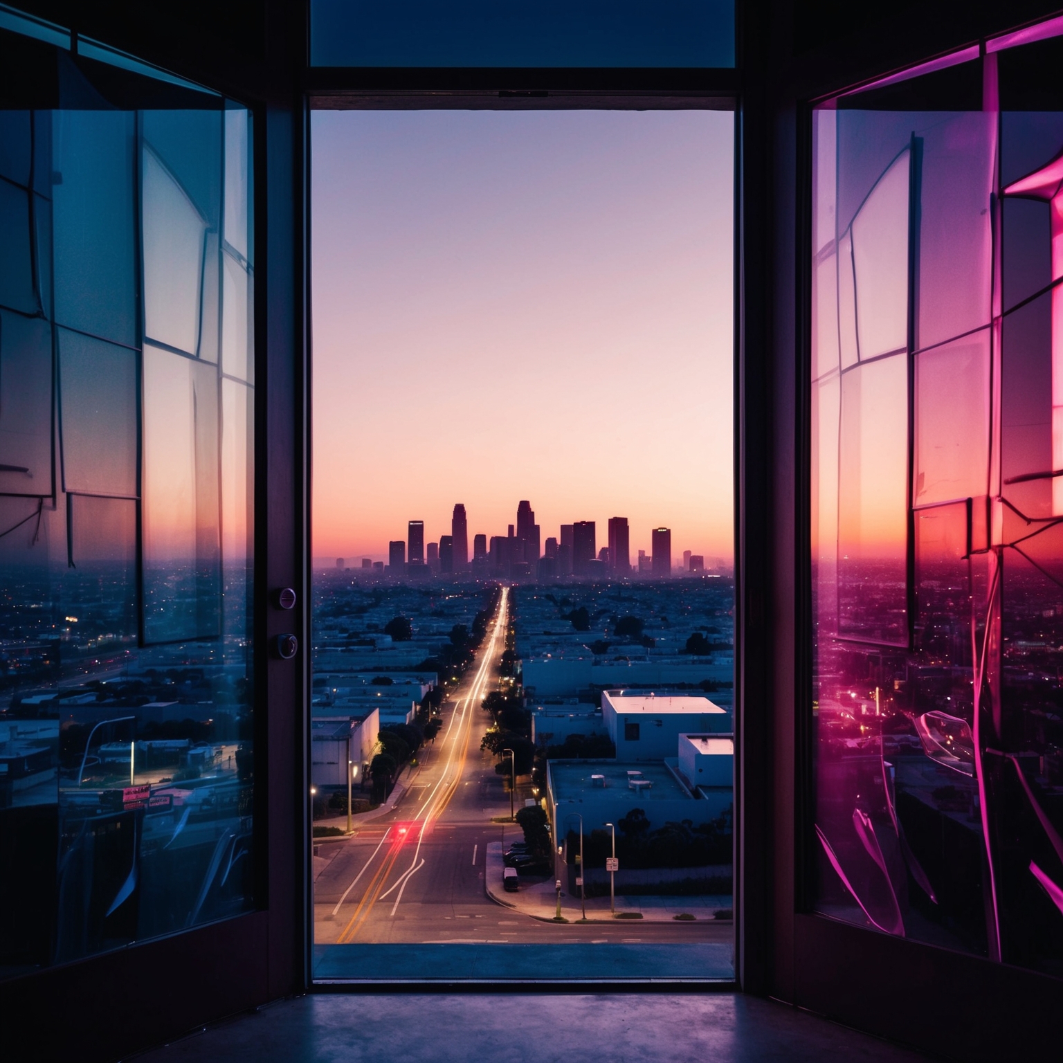 Create a dynamic and moody composition that reflects the essence of The Doors, focusing on the urban landscape of Los Angeles at dusk. Include abstract interpretations of Jim Morrison and elements of the 1970s music scene to convey the aura of 