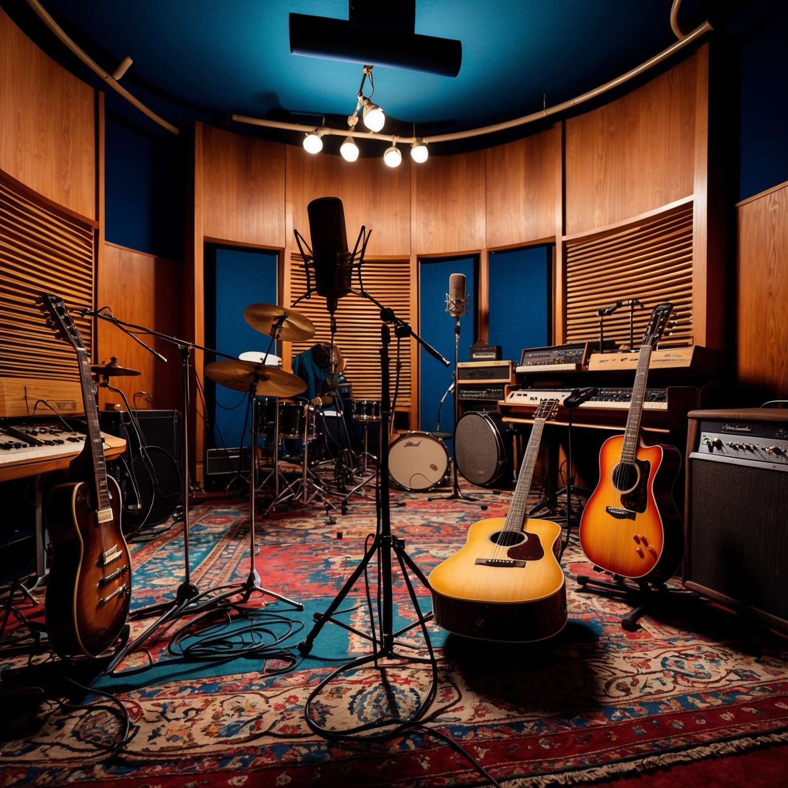 Visual representation of a music studio from the early 1970s, containing vintage recording equipment like microphones and guitars. The setting is vibrant and chaotic, reflecting the creative energy of a legendary rock band session, capturing the essence of blues and rock fusion.