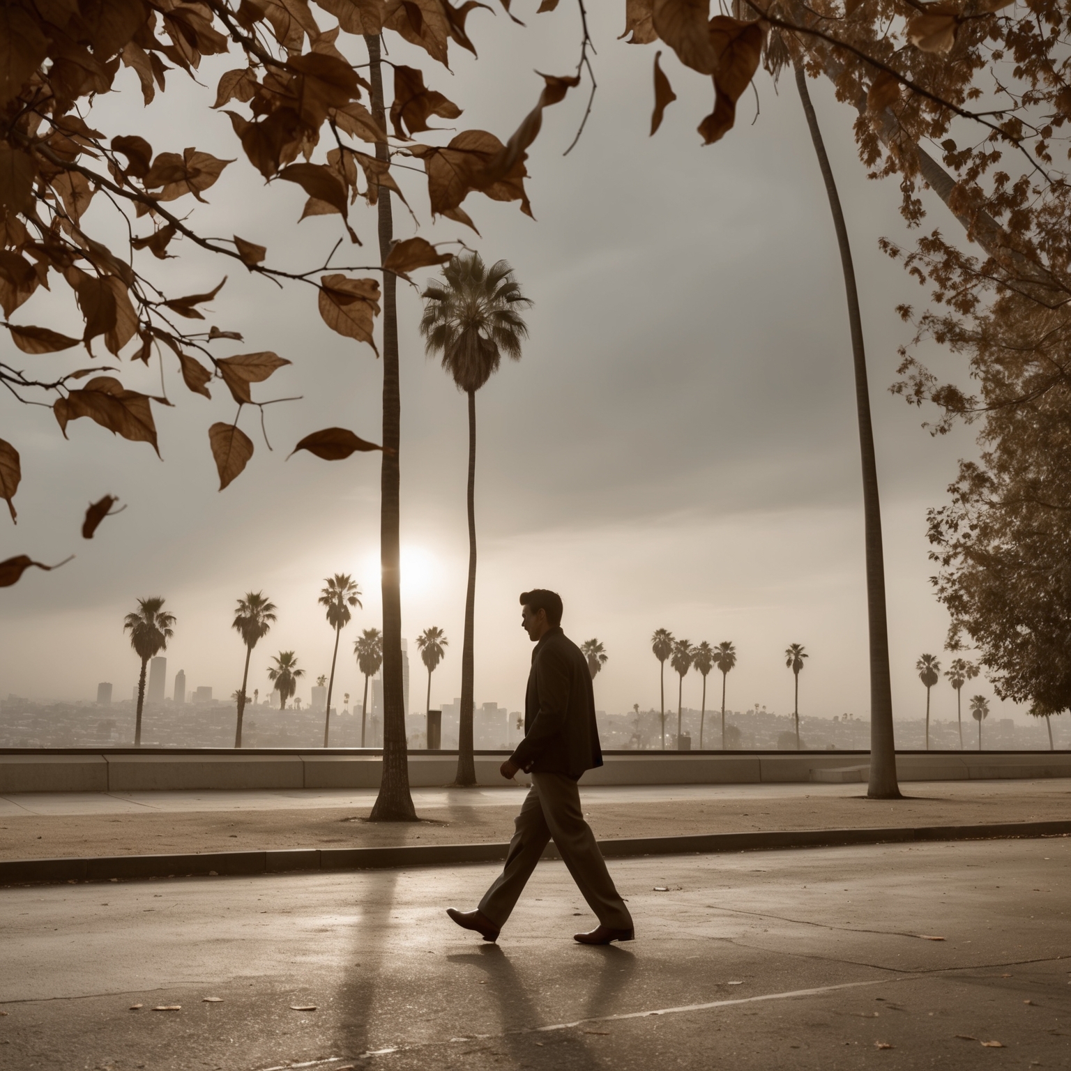 Vintage 1960s California dreamscape, showcasing a melancholic scene of a person walking through a cityscape with sepia-toned leaves fluttering and a grey sky overhead. Ethereal sunlight peers from behind LA palm trees on a distant horizon. Capture the emotional essence of longing and nostalgia, with subtle details emphasizing time and place.