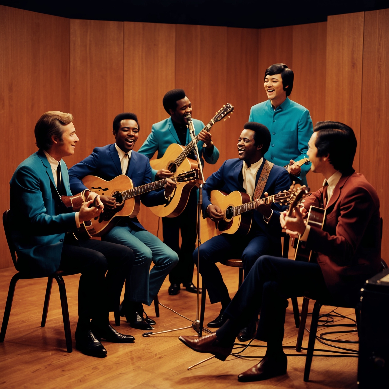 A group of musicians harmonizing in a studio from the 1960s, capturing a nostalgic and warm atmosphere, mirroring California Dreamin