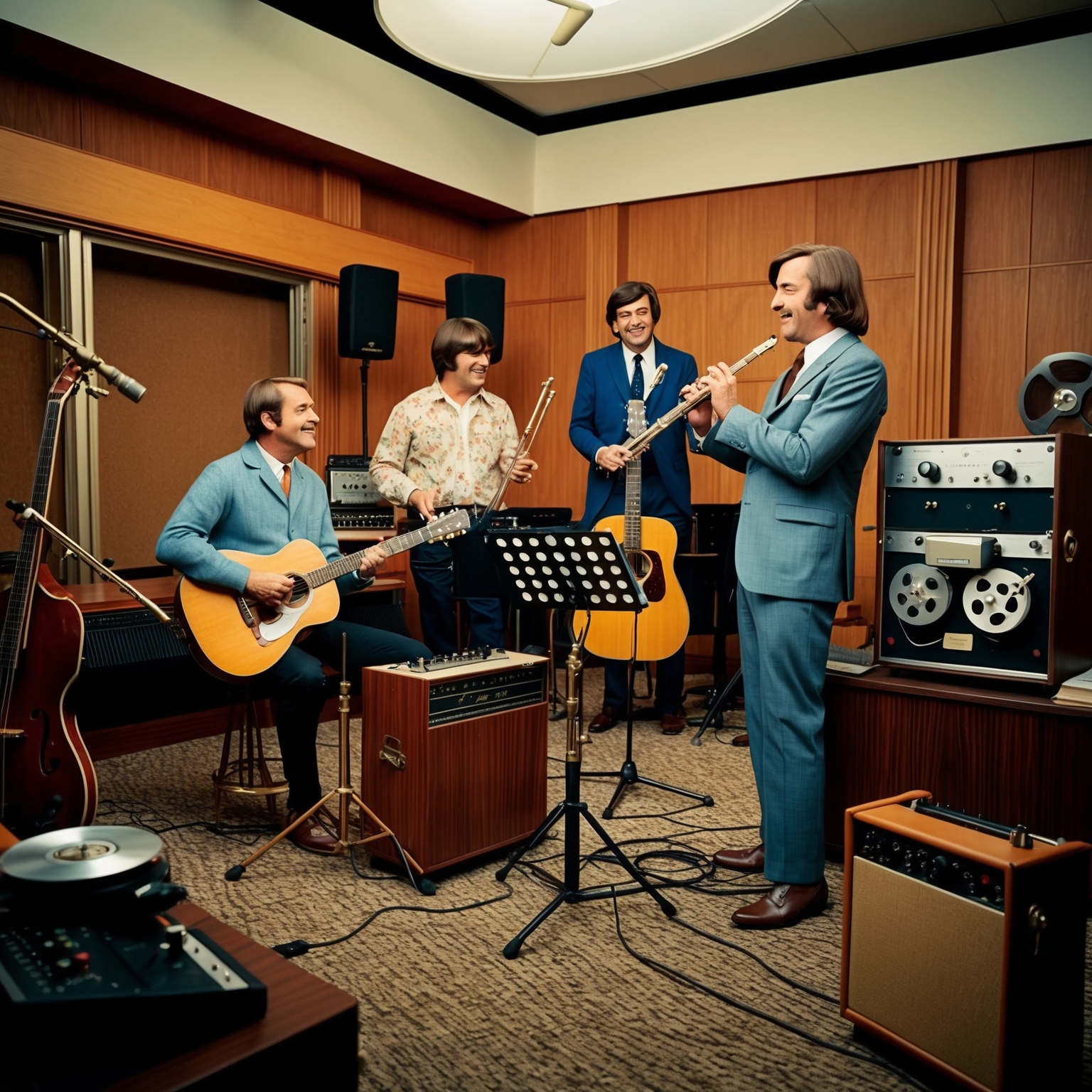 Depict a 1960s recording studio with musicians, showcasing instruments like guitars, a flute, and vocal microphones. Highlight the retro features such as vintage audio equipment, reel-to-reel tape machines, and the iconic mid-century decor associated with The Mamas & The Papas