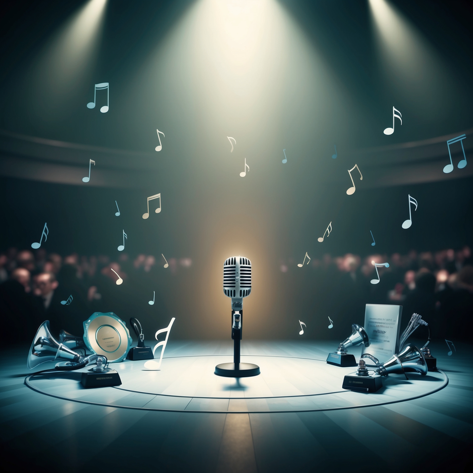 A gentle and introspective scene showcasing a concert stage, with a spotlight shining on a single microphone, surrounded by awards and musical notes, symbolizing the understated yet profound impact of the song, with a background hinting at various media formats like TV and streaming platforms.