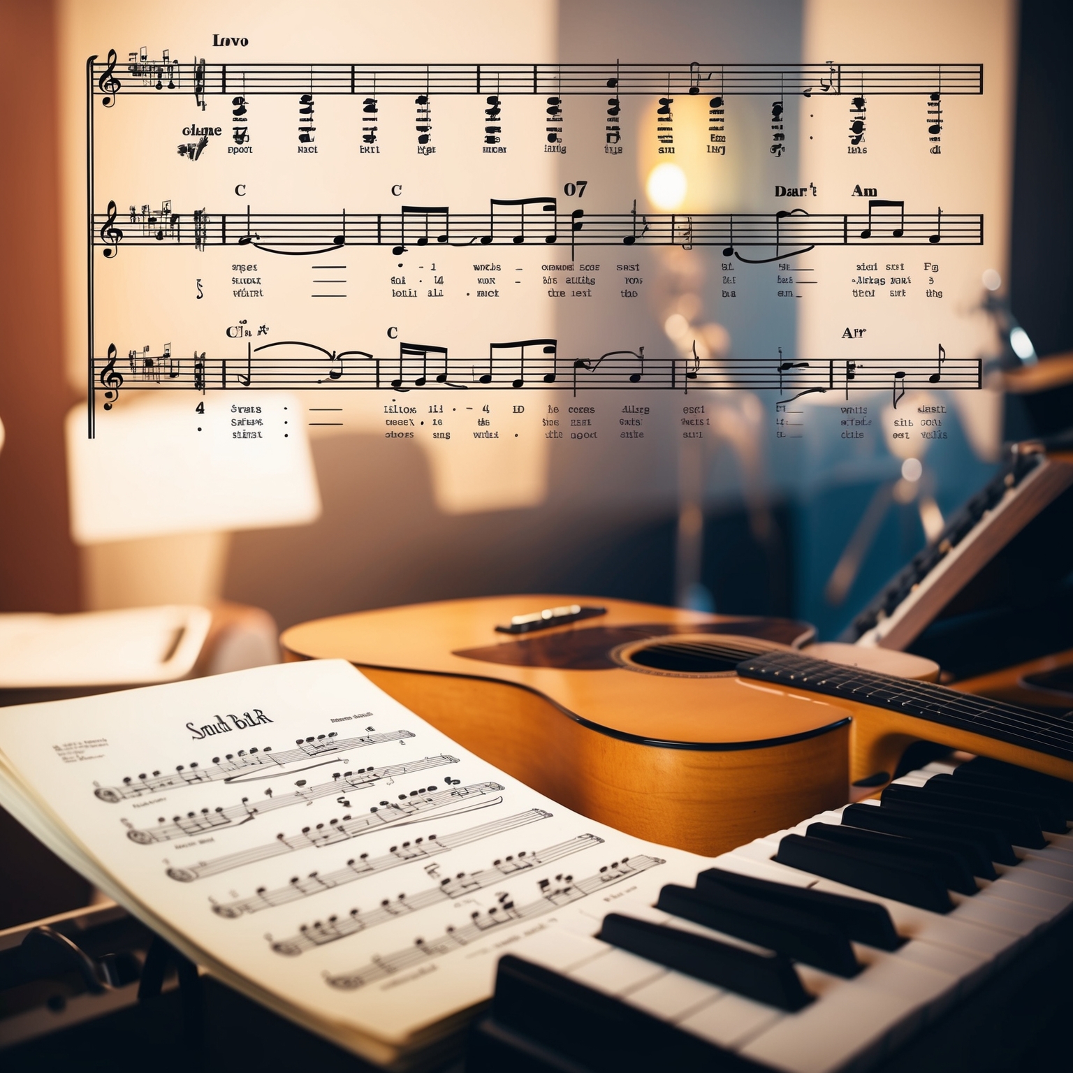 Create an image of a detailed musical score that illustrates the structure of a soulful ballad set in a studio environment. Emphasize the presence of acoustic instruments like guitar and piano. Capture the ambiance of creativity and harmony, with background elements suggesting a collaborative and artistic recording session.