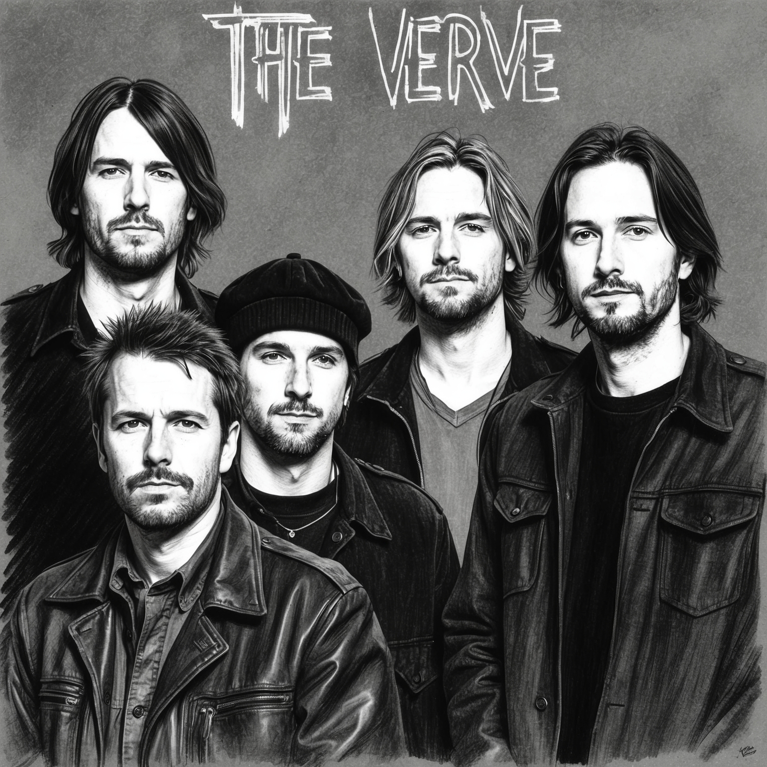 A black and white charcoal portrait of the band The Verve, featuring members Richard Ashcroft, Nick McCabe, Simon Jones, and Peter Salisbury. The image should have a stylistic, half-finished feel, showcasing their Britpop era essence in a timeless and artistic manner.