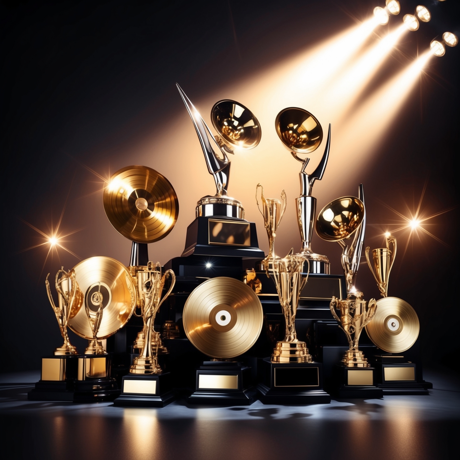 A sophisticated and dynamic abstract representation of musical awards and accolades, trophies and gold records glimmer with an air of prestige, bright lights cast dramatic shadows, and suggest an aura of artistic triumph and timeless legacy in the music industry.