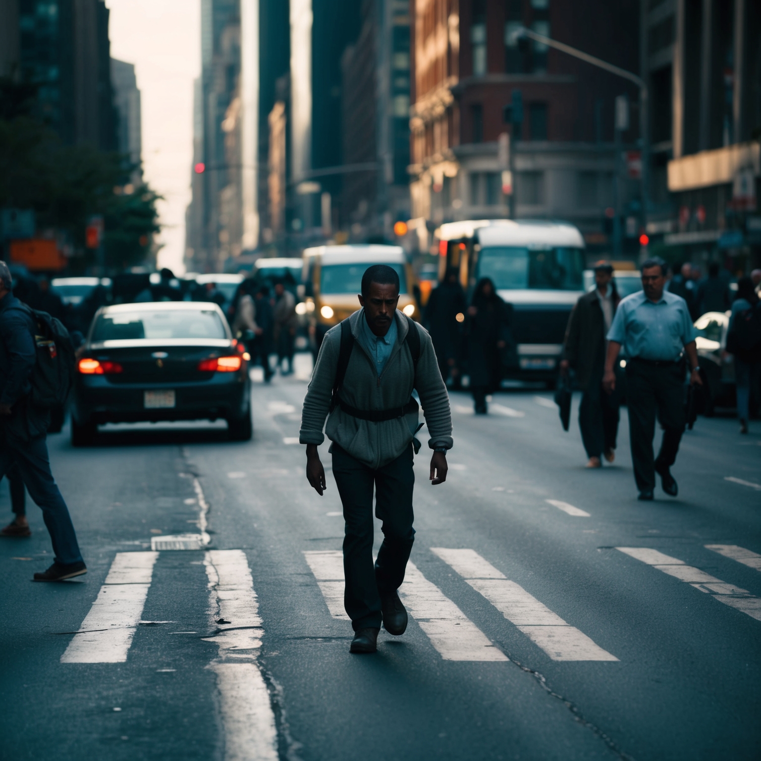 An urban landscape depicting a determined individual walking through a crowded, indifferent city street. The scene captures the essence of perseverance and isolation, with the person appearing unfazed by the bustling environment and obstacles in their path, set against a backdrop of traffic and pedestrians.