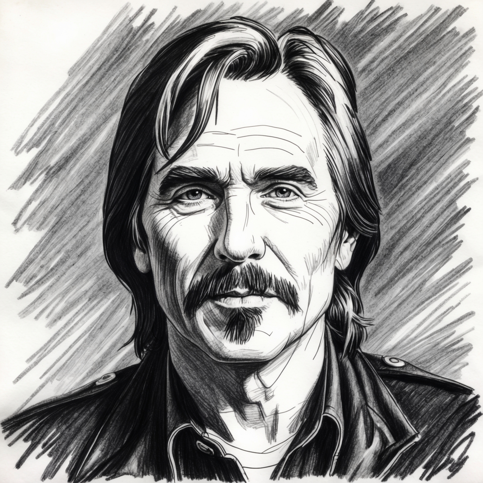 Create a charcoal, stylistic drawing of Tom Petty in black and white, half-finished portrait, capturing his iconic look from the mid-1990s era.