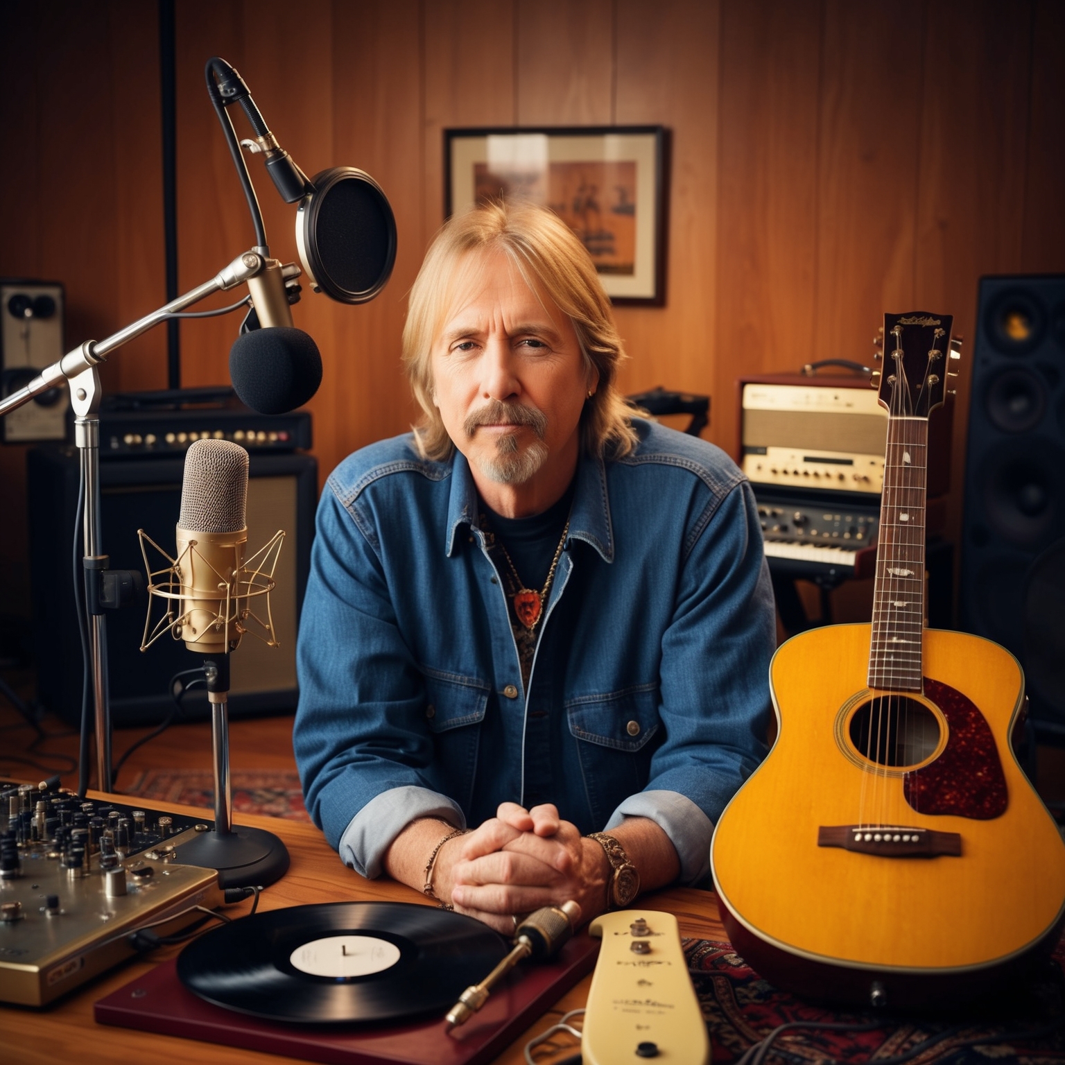 A portrait of Tom Petty in a recording studio, surrounded by vintage musical instruments and equipment, capturing the essence of his 1990s rock influence. Include elements that reflect his Southern rock and heartland roots, such as guitars, microphones, and vinyl records, in a warm, nostalgic atmosphere.