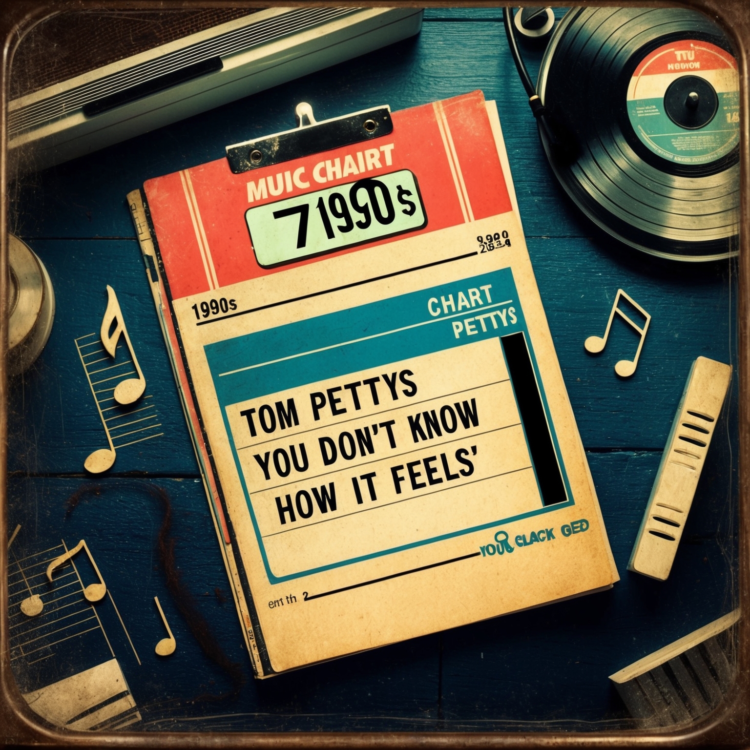 Create an image depicting a vintage 1990s music chart scene, featuring a highlighted entry for Tom Petty