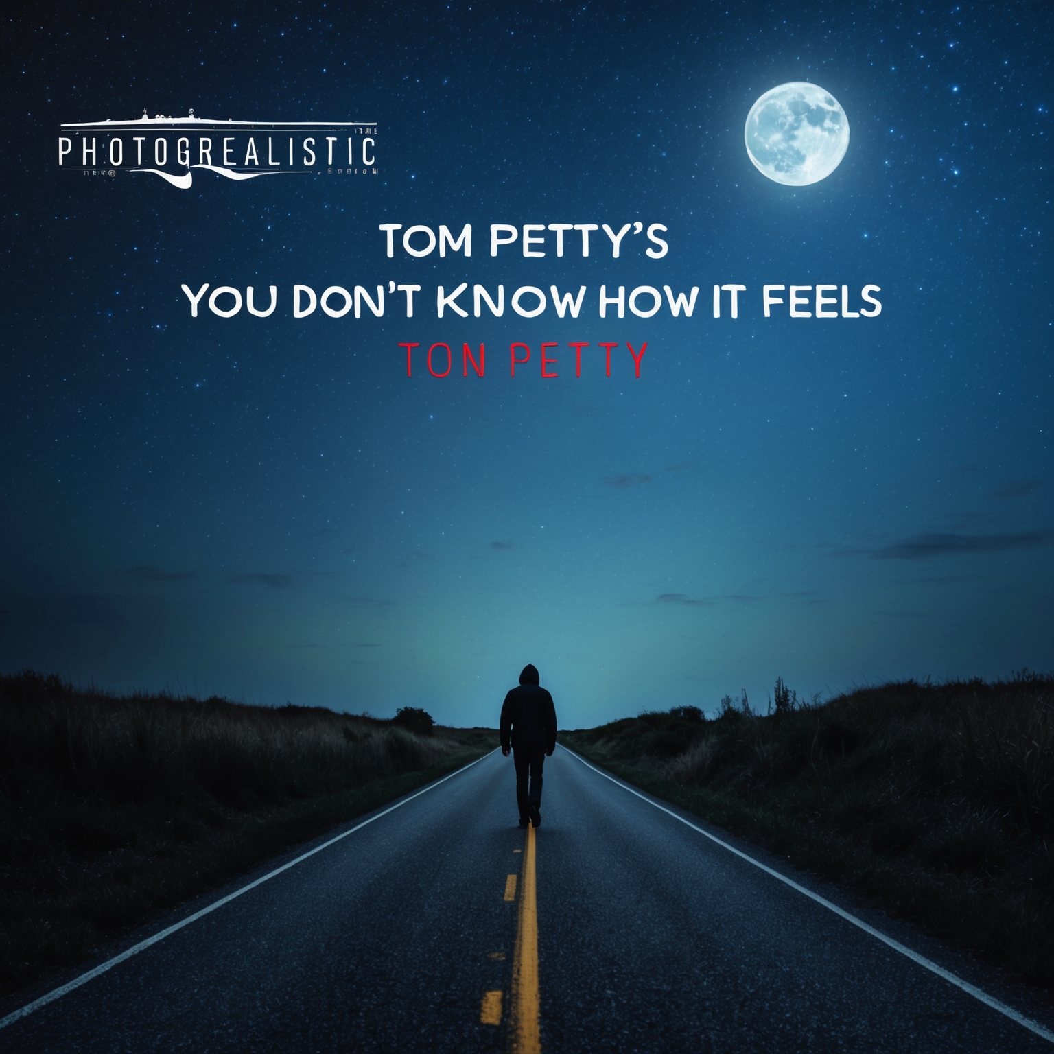 A scene depicting a moonlit road with a lone figure walking under a starry sky. The atmosphere is calm but poignant, capturing the essence of solitude and introspection as expressed in Tom Petty