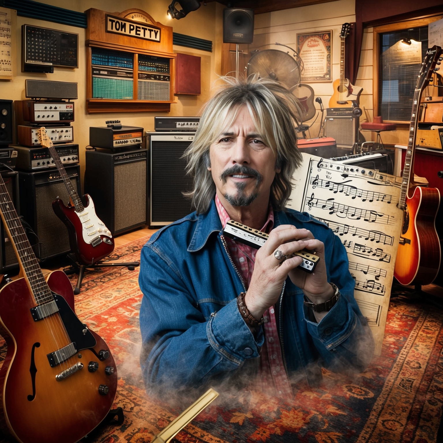 A dynamic portrayal of a music studio filled with vintage recording equipment, harmonicas, electric guitars, and a relaxed, creative ambiance inspired by the 1990s rock era. In the foreground, an artistic representation of Tom Petty with tousled hair, playing harmonica, surrounded by subtle hints of sheet music in F major.