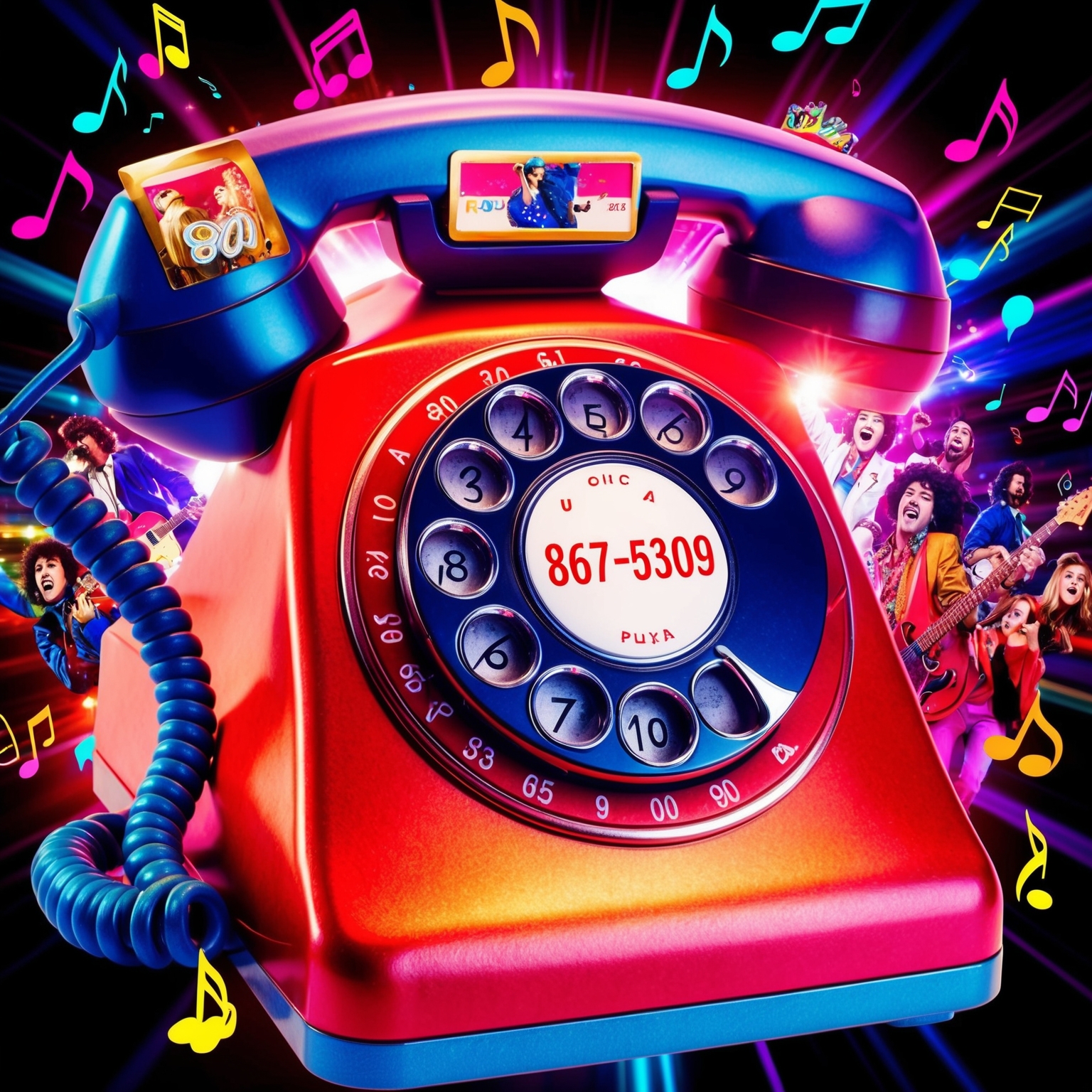 A lively illustration capturing the vibrant 1980s music scene, focusing on a retro rotary phone with numbers highlighting 867-5309, while fans and musical notes float around in a dynamic, colorful setting.