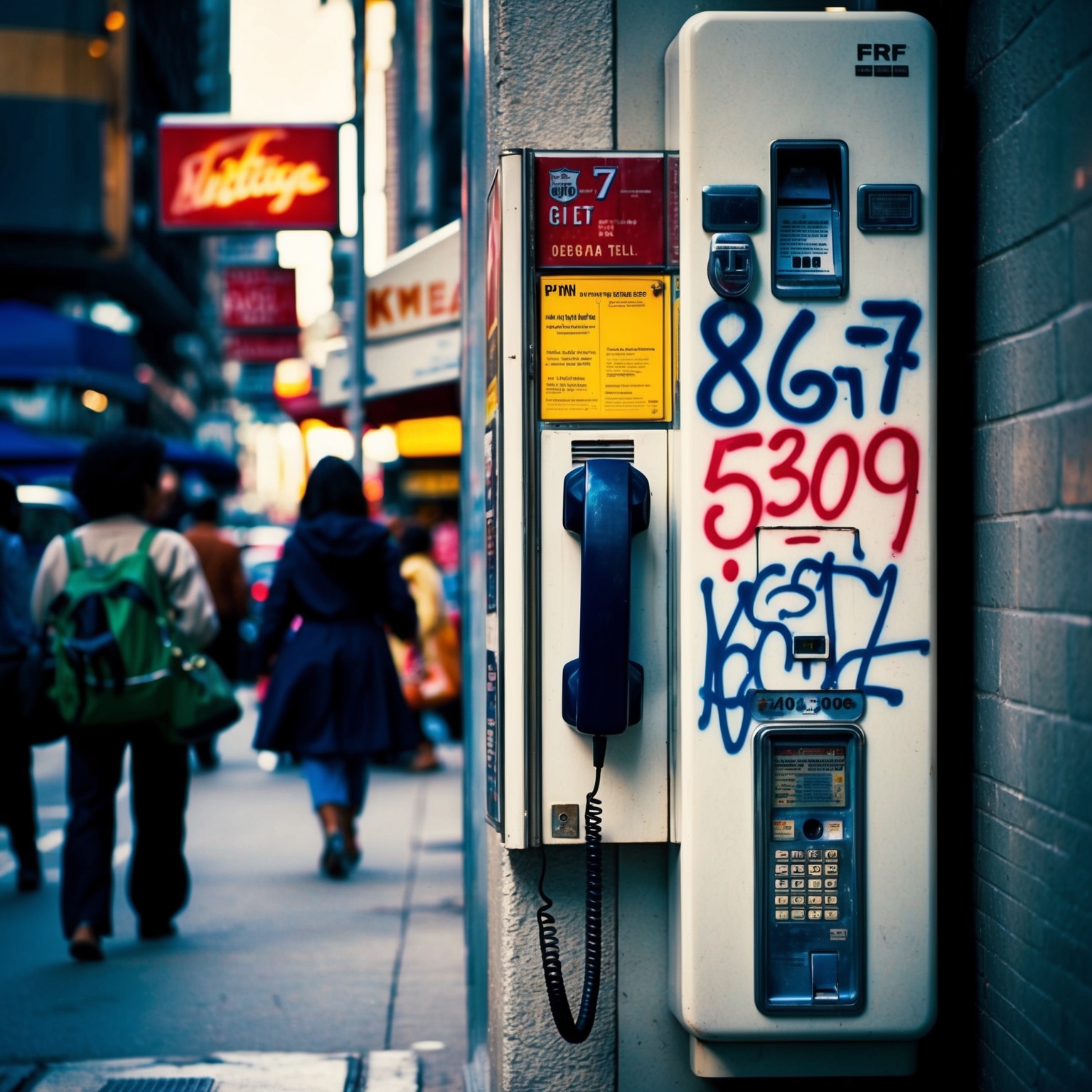 Create an image that captures nostalgia for the 1980s: a payphone with the number 867-5309 graffiti on a wall. The scene is set in a busy urban street, showcasing a blend of lighthearted mystery and personal emotion. Include elements like vintage signage and clothing styles to emphasize the era