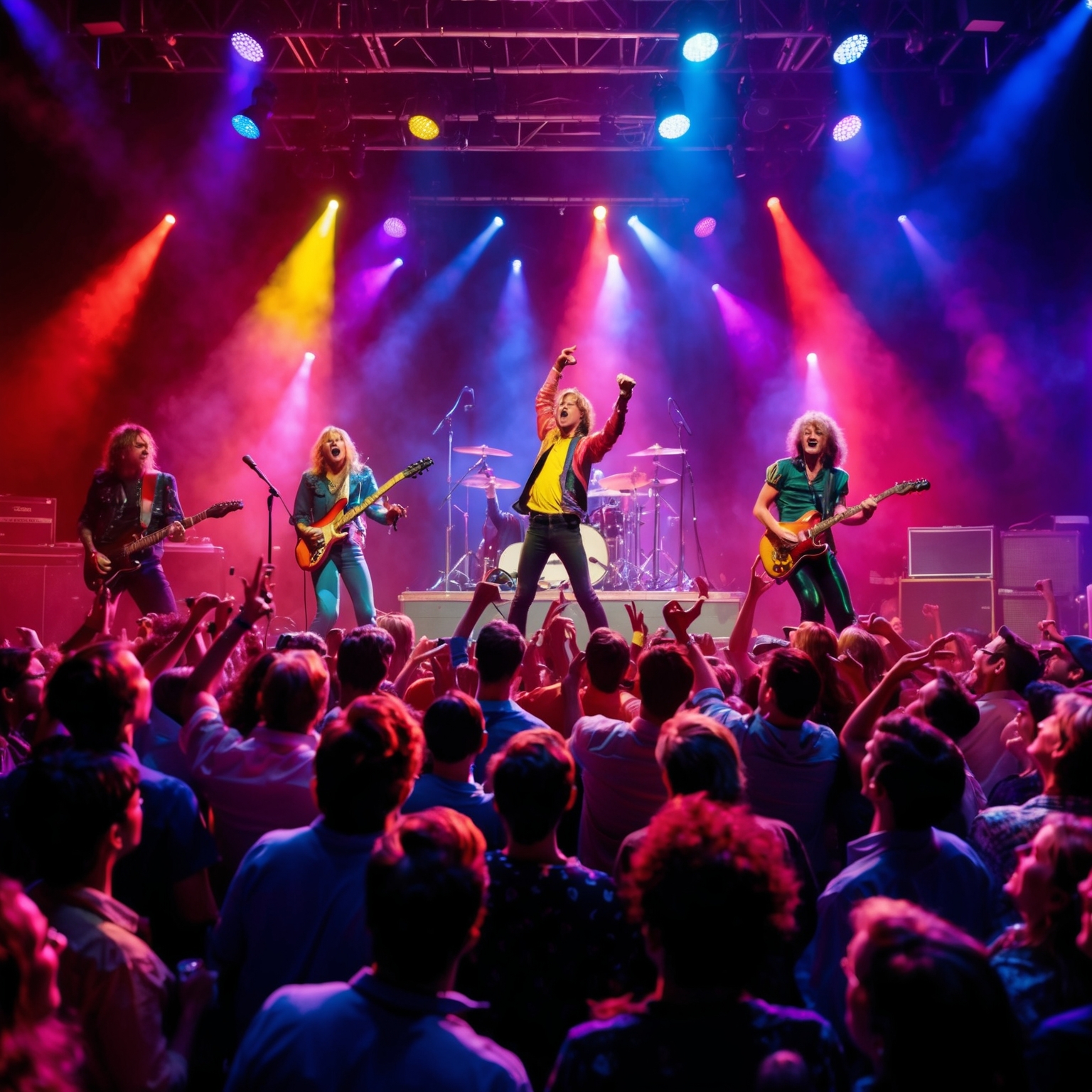 Create a vibrant scene depicting an 80s rock band passionately performing to a lively audience at an energetic live music show, capturing the spirit and nostalgia of early 80s rock concerts. The stage lights should be colorful and dynamic, reflecting the lively atmosphere of the era.