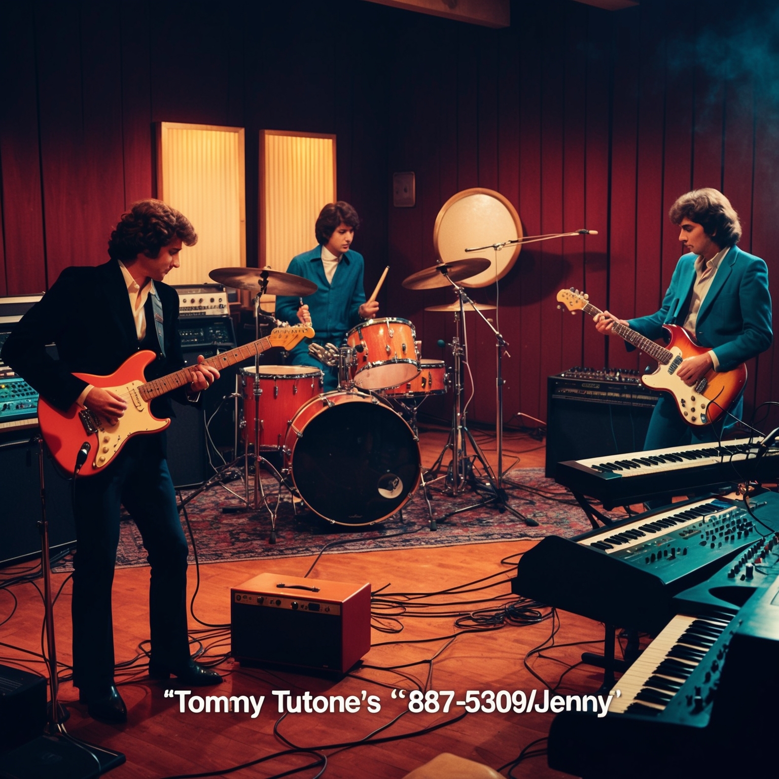 Illustration of a vintage recording studio during the early 1980s, featuring musicians playing electric guitars and a drum kit, with vibrant synthesizer equipment. The ambient scene captures a sense of creativity and energy typical of an iconic rock-pop track being recorded, emphasizing the era of Tommy Tutone